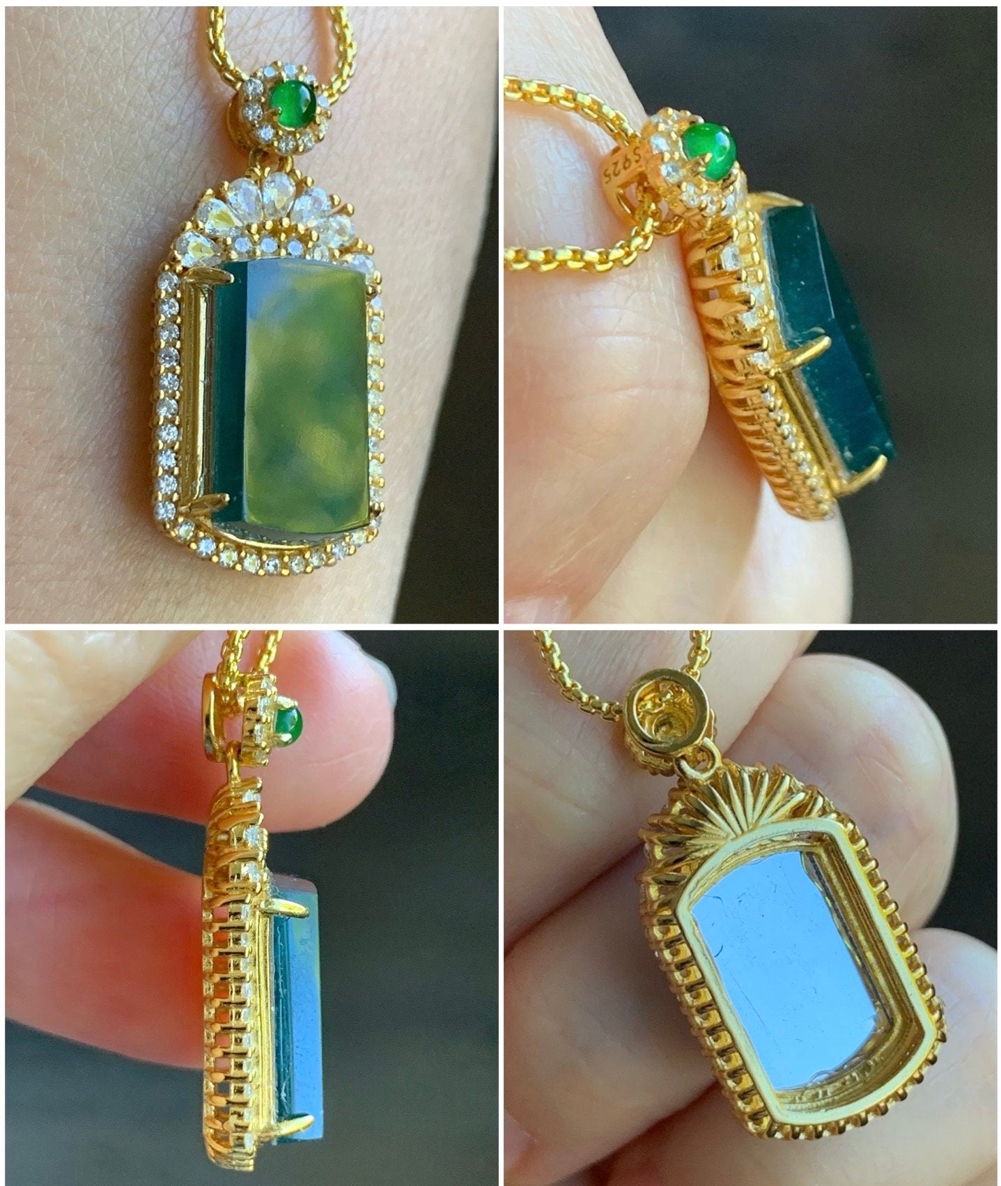 Certified Natural Guatemalan Icy Translucent Dark Teal Blue Jadeite Wu Shi Pai Pendant Sterling Silver Yellow Gold Finish 天然冰危老蓝水翡翠无事牌镶嵌吊坠