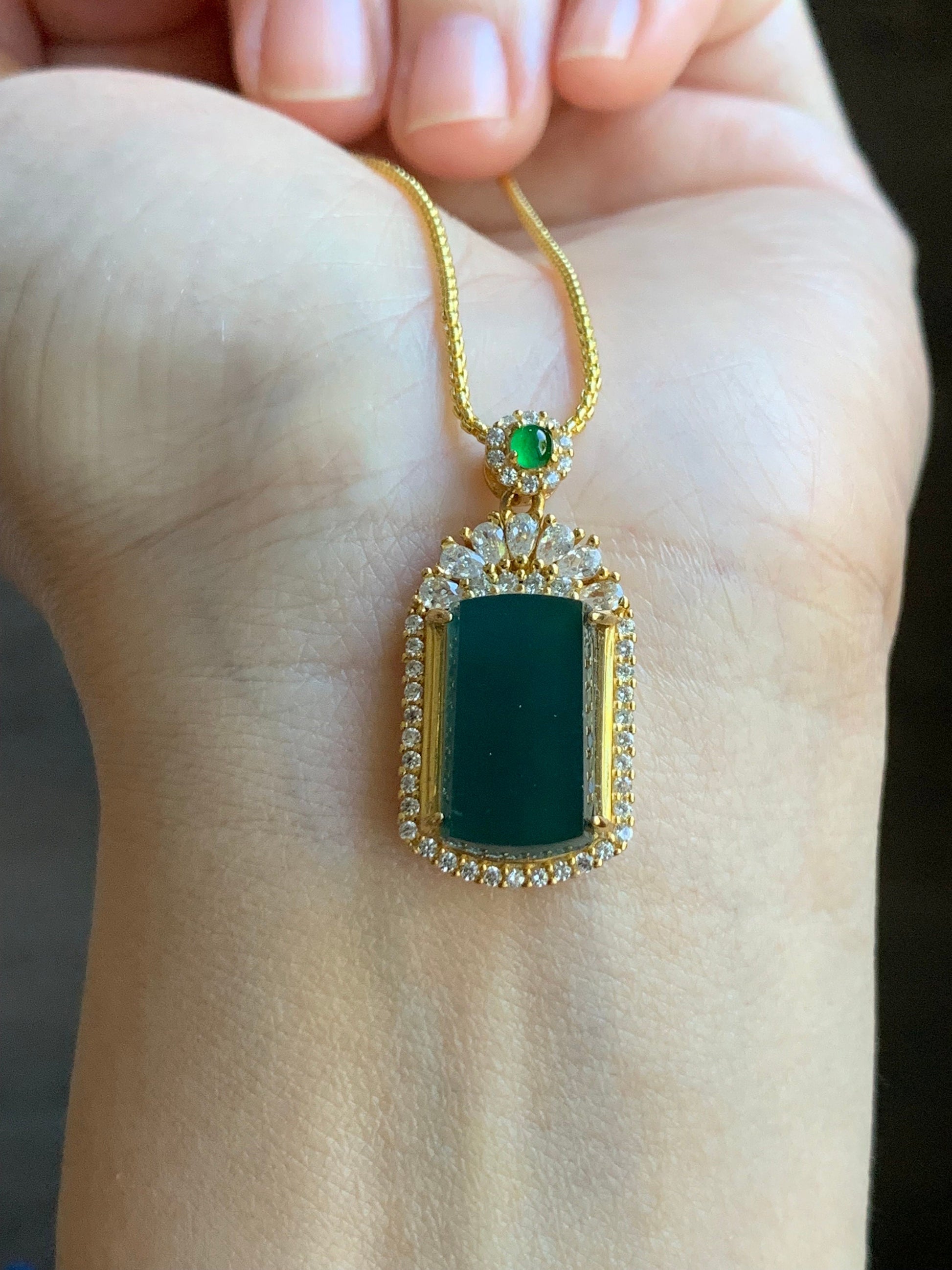 Certified Natural Guatemalan Icy Translucent Dark Teal Blue Jadeite Wu Shi Pai Pendant Sterling Silver Yellow Gold Finish 天然冰危老蓝水翡翠无事牌镶嵌吊坠