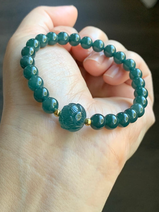 Natural Guatemalan Icy Translucent Intense Teal Blue Jadeite Lotus Flower Bead Beaded Bracelet 6.75” Sterling Silver 天然冰胶危湖水蓝翡翠莲花珠手串