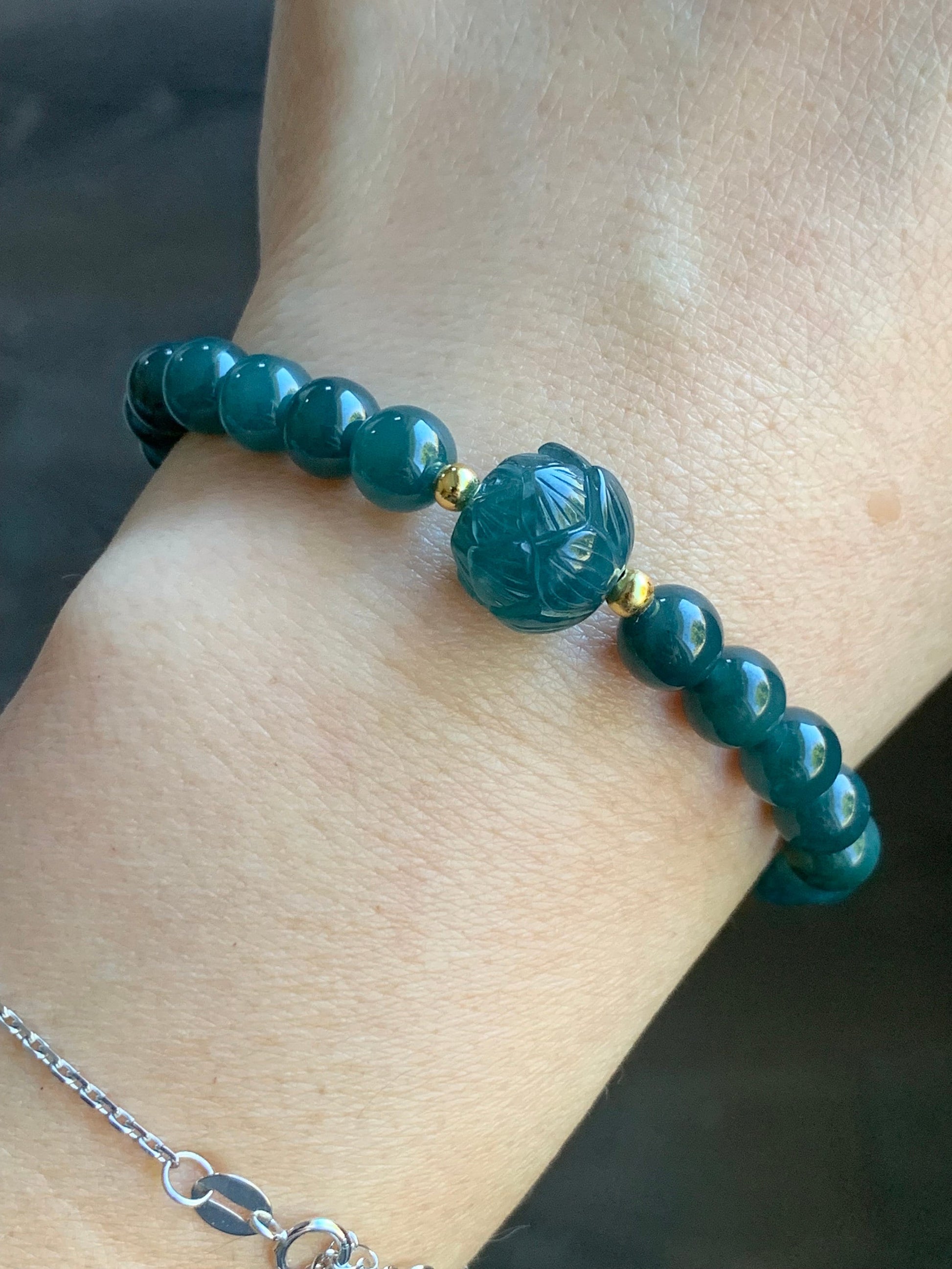 Natural Guatemalan Icy Translucent Intense Teal Blue Jadeite Lotus Flower Bead Beaded Bracelet 6.75” Sterling Silver 天然冰胶危湖水蓝翡翠莲花珠手串