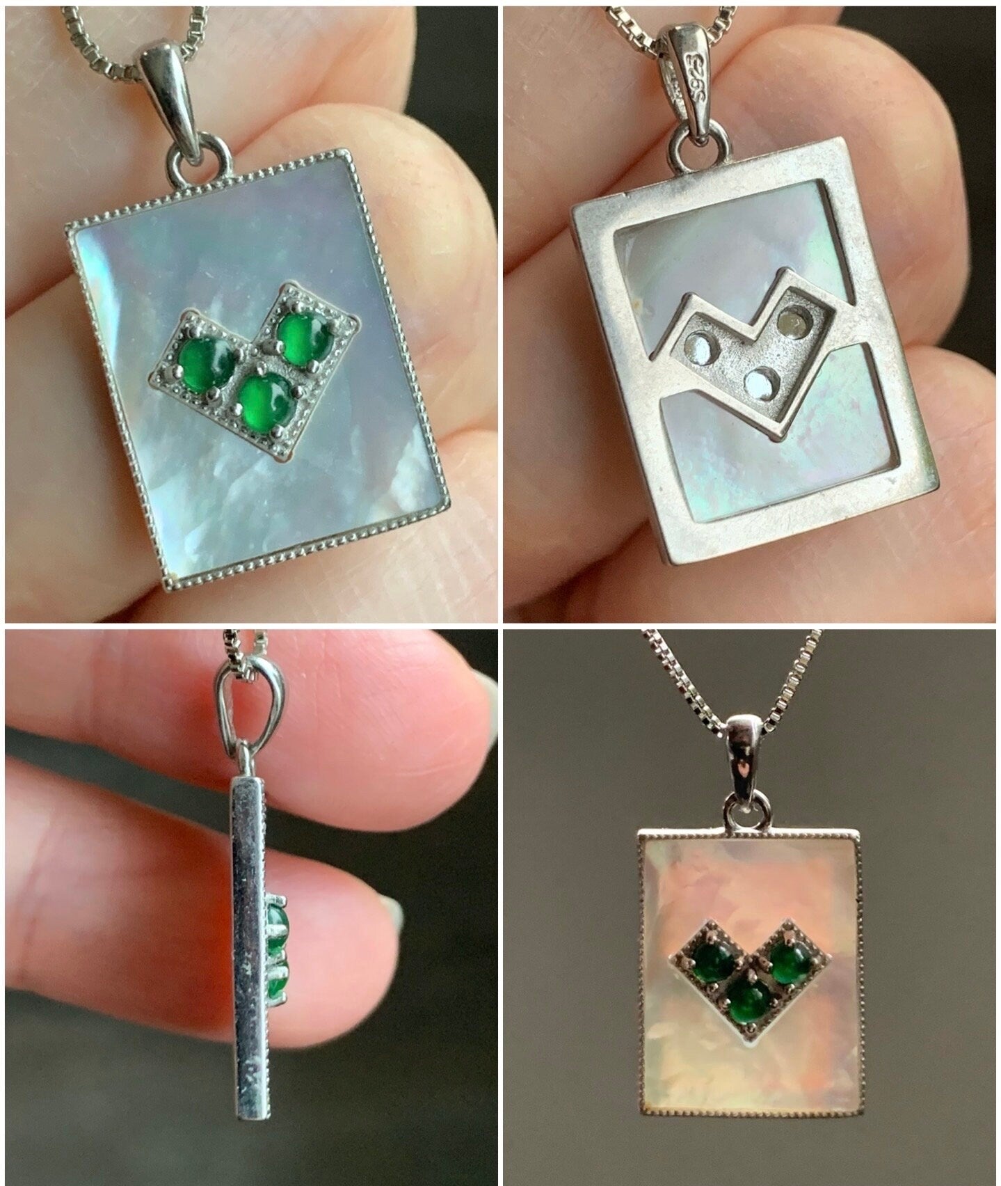 Natural Guatemalan Grade A Icy Vibrant Green Jadeite Mother of Pearl Pendant Sterling Silver 天然冰危绿翡翠贝母银镶吊坠
