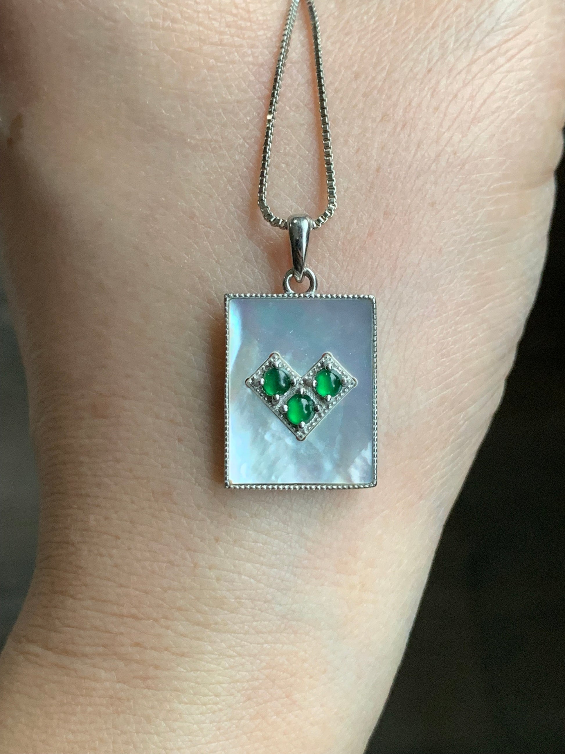 Natural Guatemalan Grade A Icy Vibrant Green Jadeite Mother of Pearl Pendant Sterling Silver 天然冰危绿翡翠贝母银镶吊坠