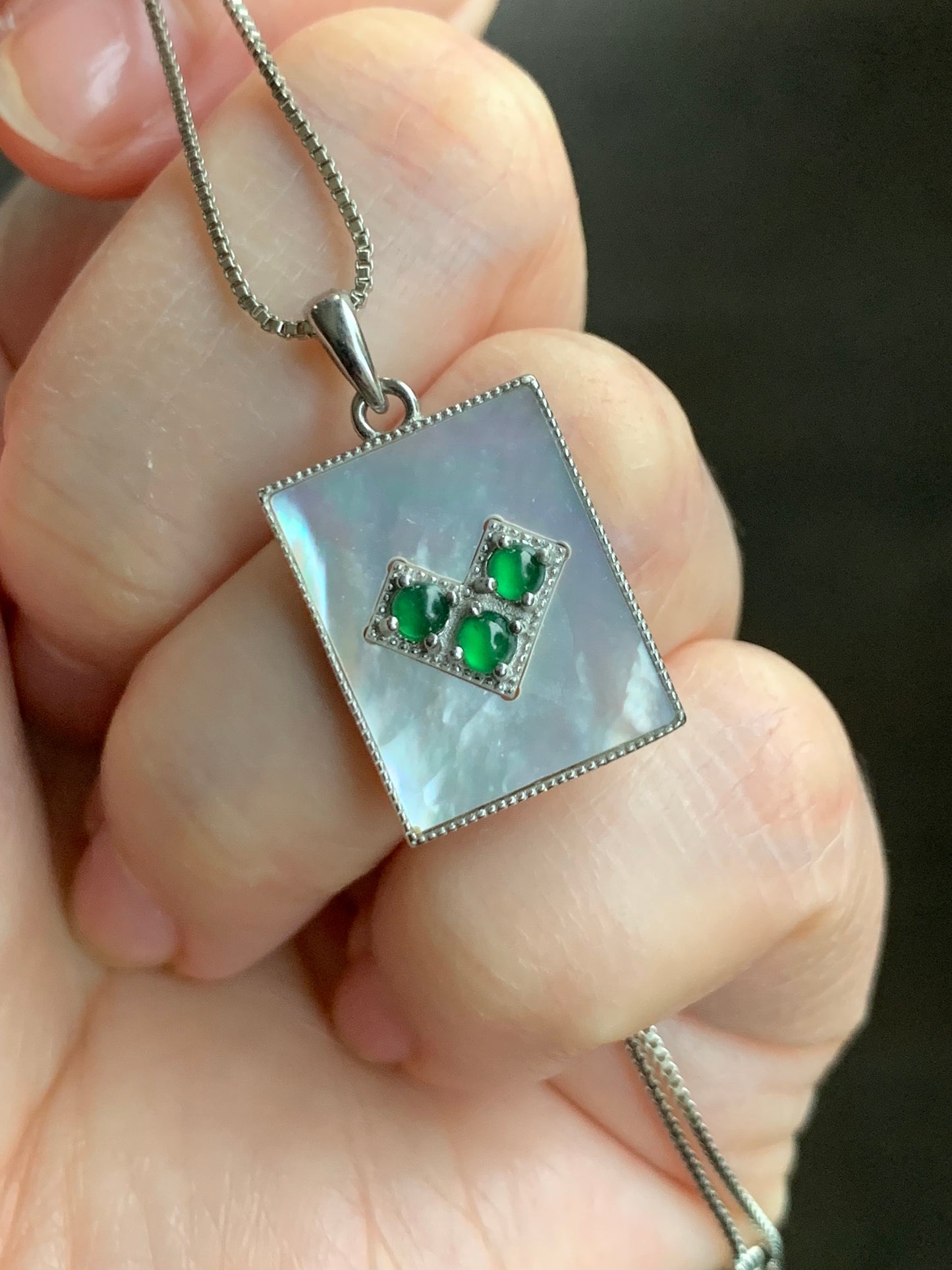 Natural Guatemalan Grade A Icy Vibrant Green Jadeite Mother of Pearl Pendant Sterling Silver 天然冰危绿翡翠贝母银镶吊坠