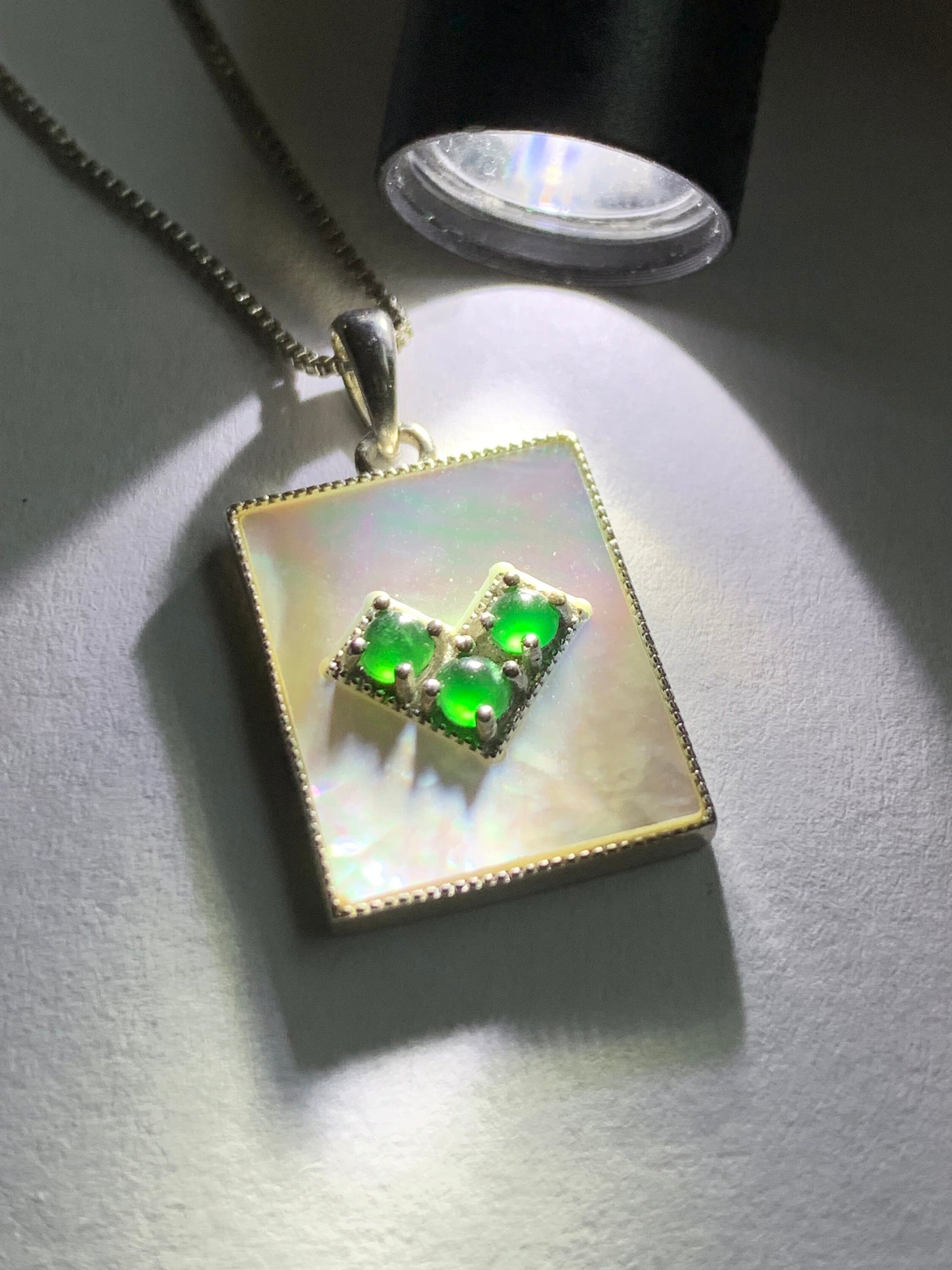 Natural Guatemalan Grade A Icy Vibrant Green Jadeite Mother of Pearl Pendant Sterling Silver 天然冰危绿翡翠贝母银镶吊坠