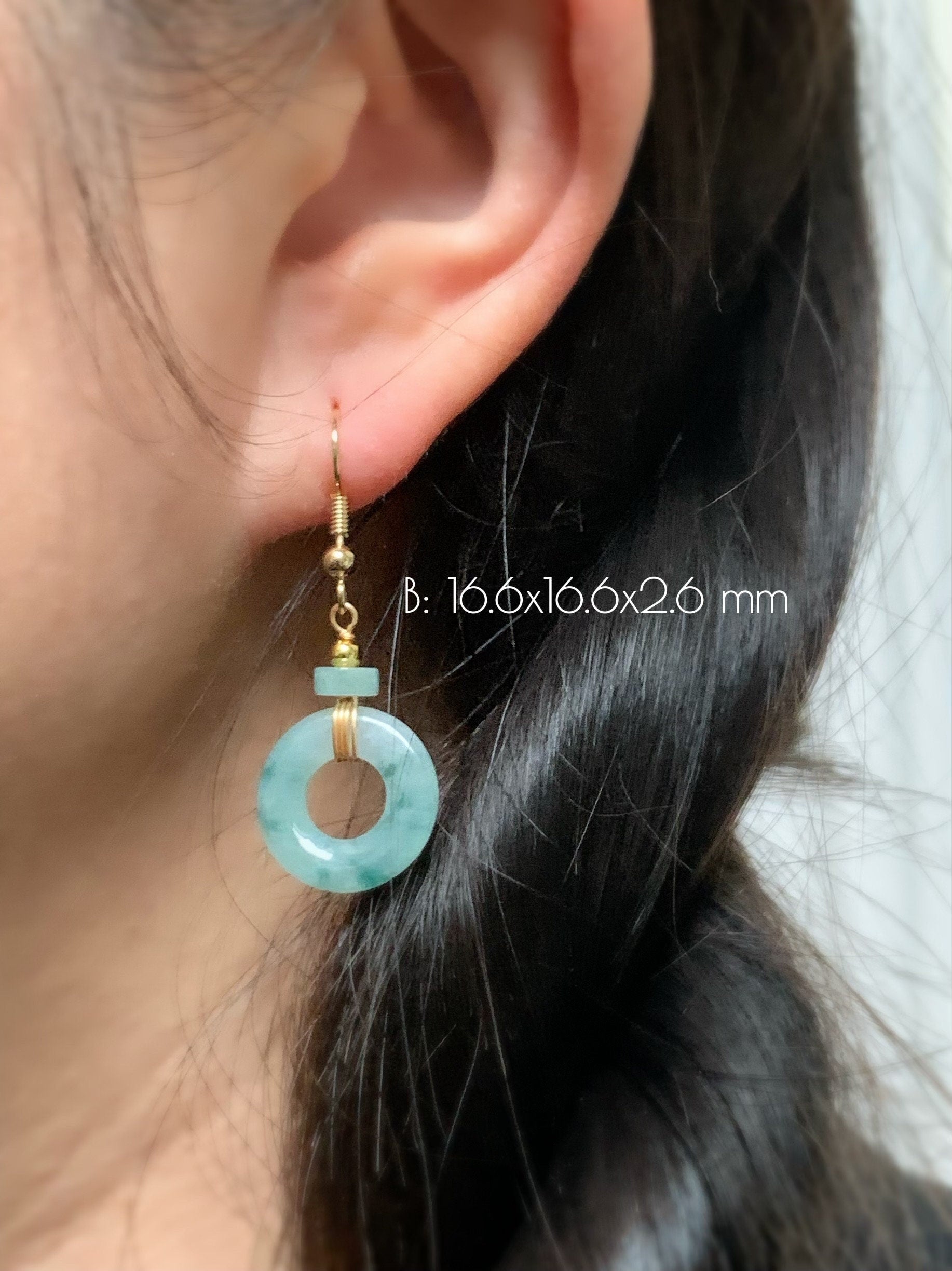 Natural Burmese Icy Translucent light green Jadeite w/ Green Marbling Ping An Kou Donut Dangle Earrings 14K Gold Plated 天然缅甸冰飘花翡翠平安扣包金耳吊