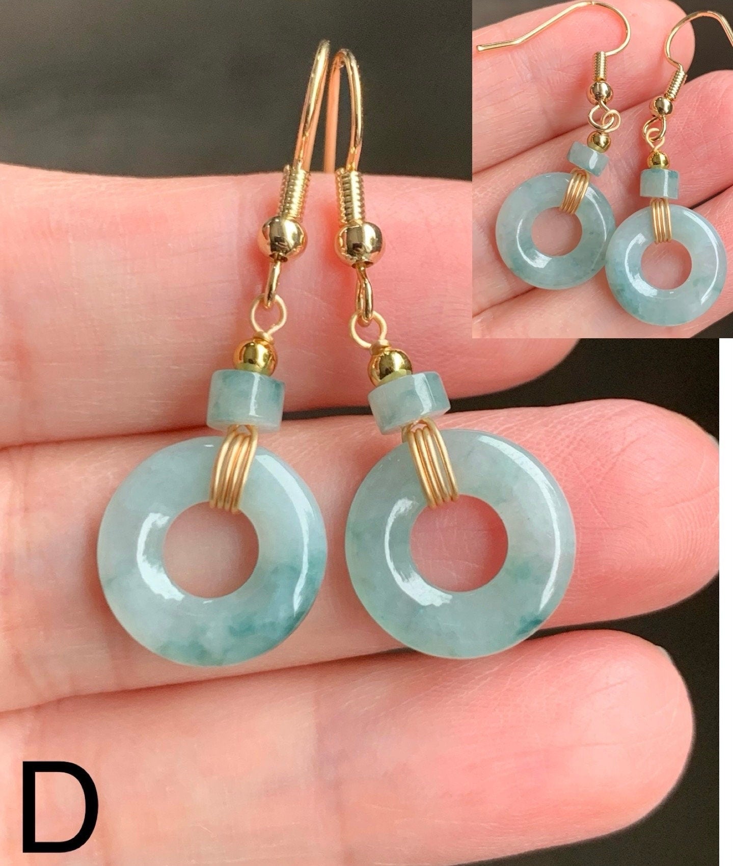 Natural Burmese Icy Translucent light green Jadeite w/ Green Marbling Ping An Kou Donut Dangle Earrings 14K Gold Plated 天然缅甸冰飘花翡翠平安扣包金耳吊
