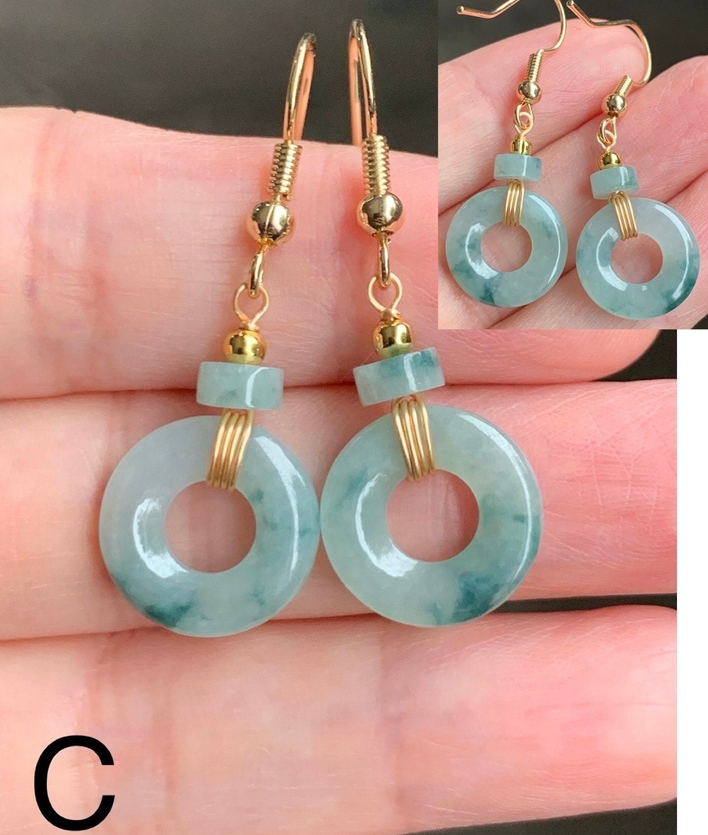 Natural Burmese Icy Translucent light green Jadeite w/ Green Marbling Ping An Kou Donut Dangle Earrings 14K Gold Plated 天然缅甸冰飘花翡翠平安扣包金耳吊