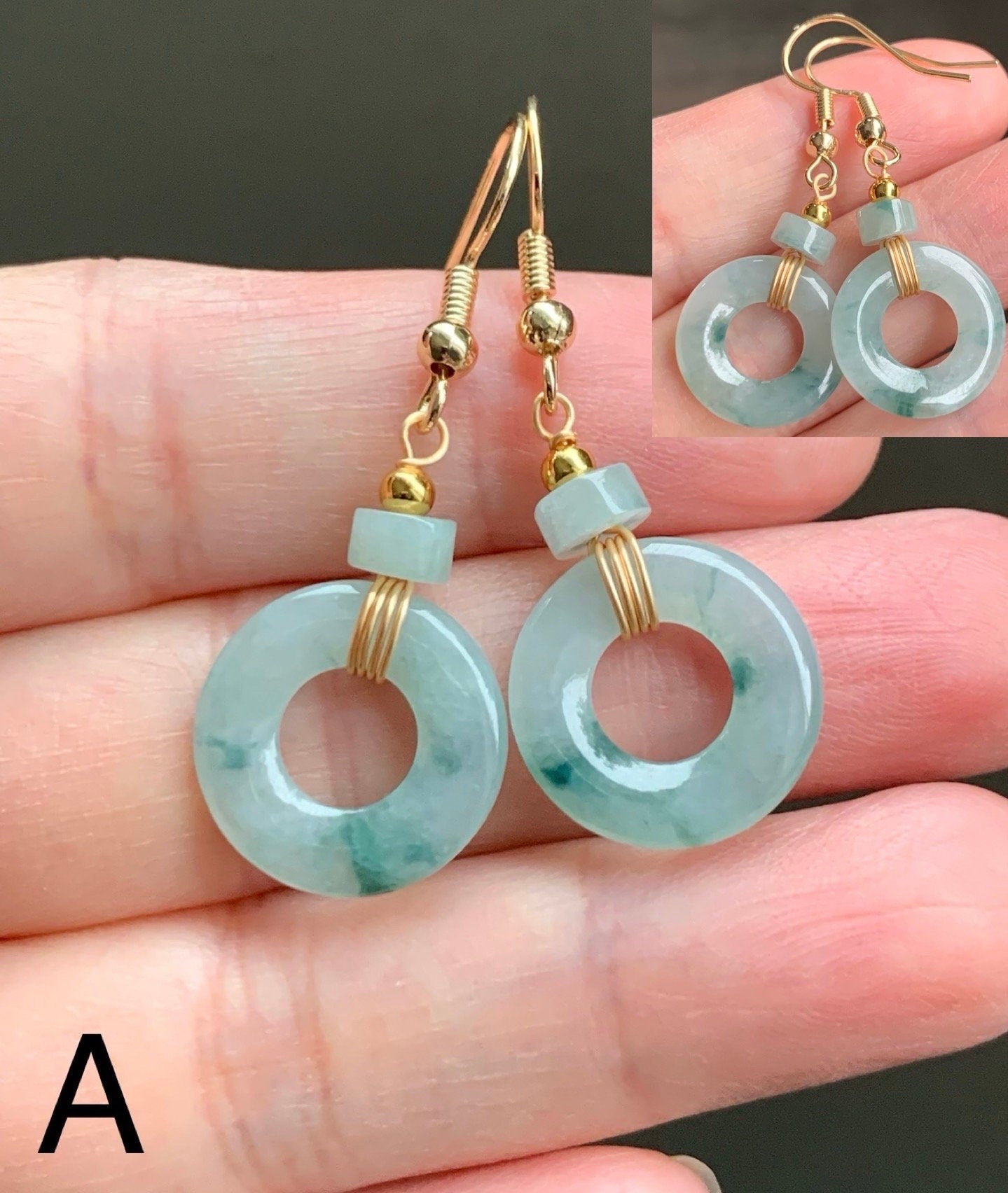 Natural Burmese Icy Translucent light green Jadeite w/ Green Marbling Ping An Kou Donut Dangle Earrings 14K Gold Plated 天然缅甸冰飘花翡翠平安扣包金耳吊