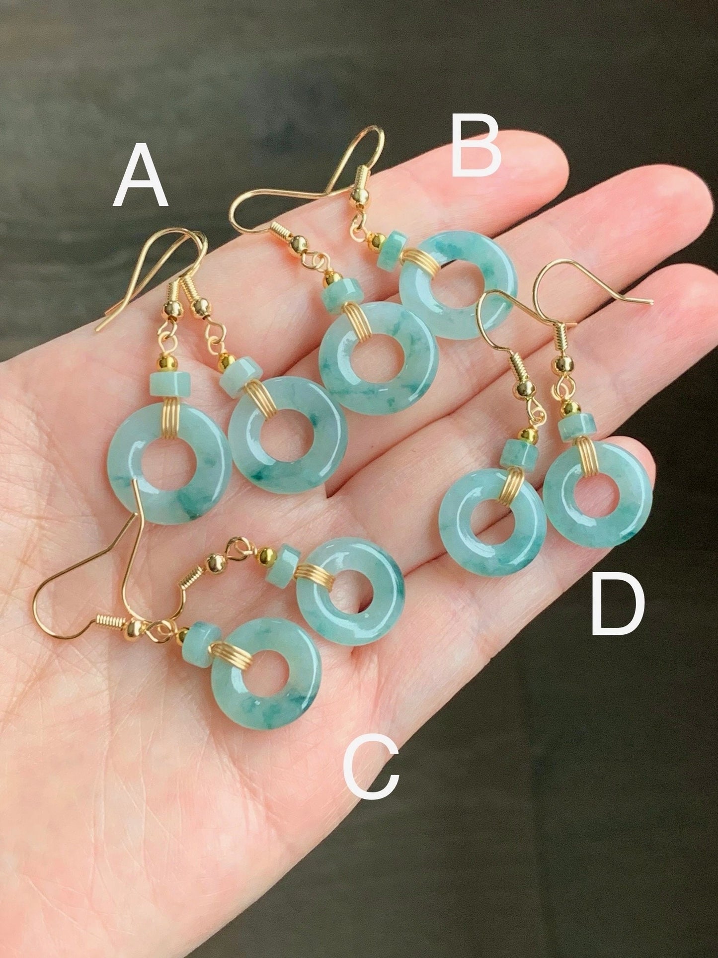 Natural Burmese Icy Translucent light green Jadeite w/ Green Marbling Ping An Kou Donut Dangle Earrings 14K Gold Plated 天然缅甸冰飘花翡翠平安扣包金耳吊