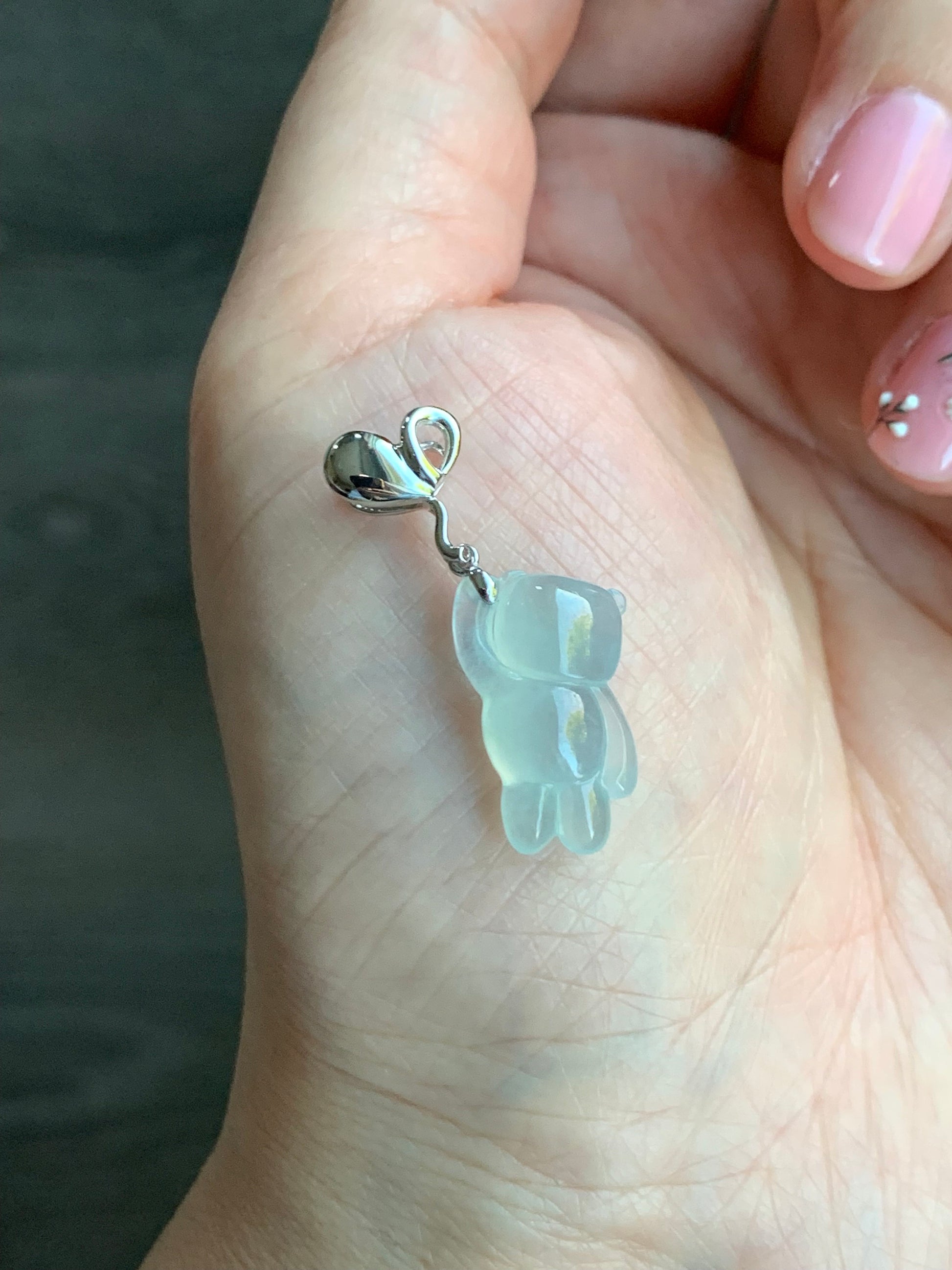 Certified Natural Burmese Icy Translucent Gelatinous White Jadeite Terry Bear w/ Heart Balloon Pendant 18K White Gold 天然缅甸冰胶翡翠小熊爱心气球吊坠 939