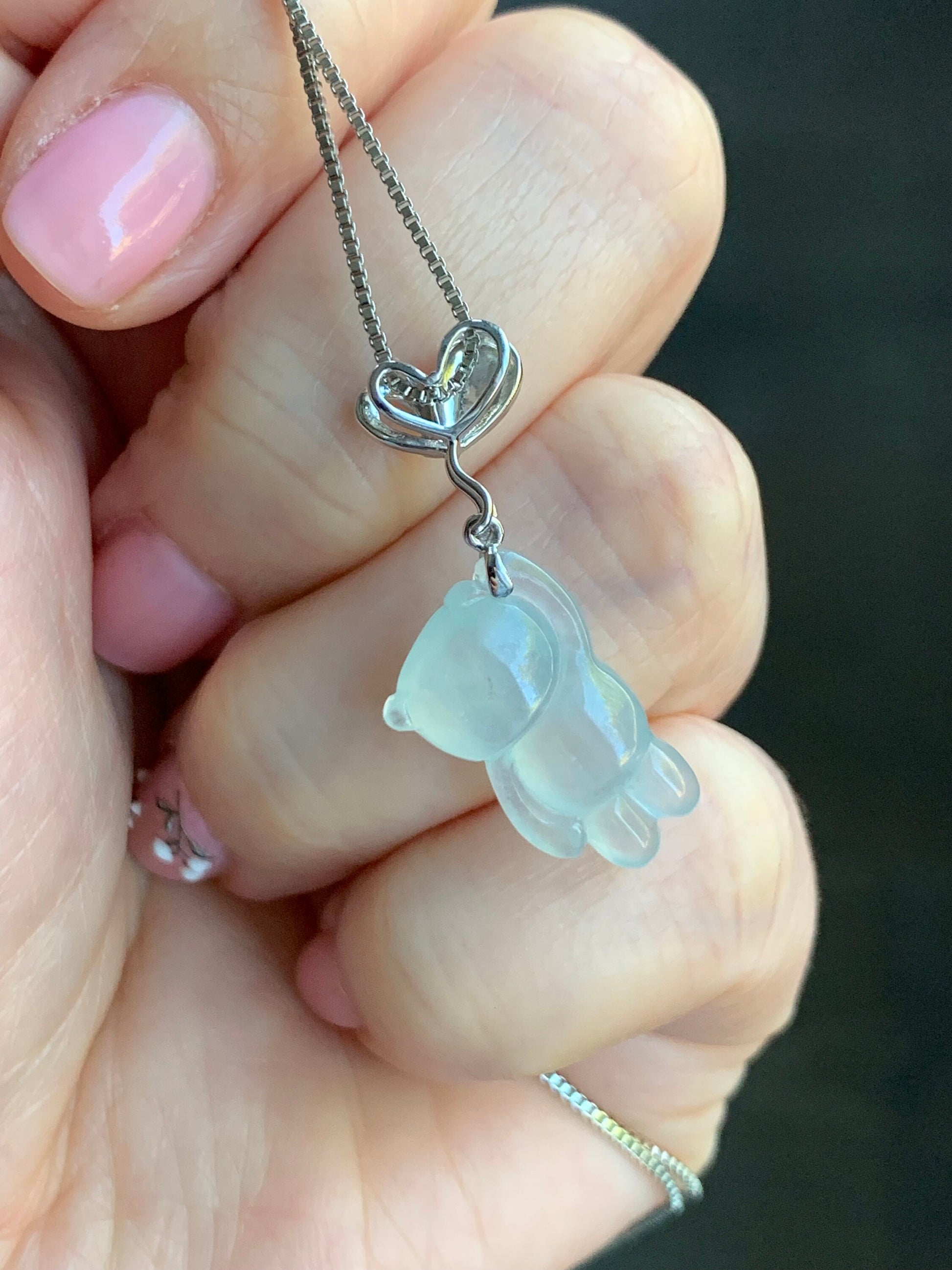 Certified Natural Burmese Icy Translucent Gelatinous White Jadeite Terry Bear w/ Heart Balloon Pendant 18K White Gold 天然缅甸冰胶翡翠小熊爱心气球吊坠 939