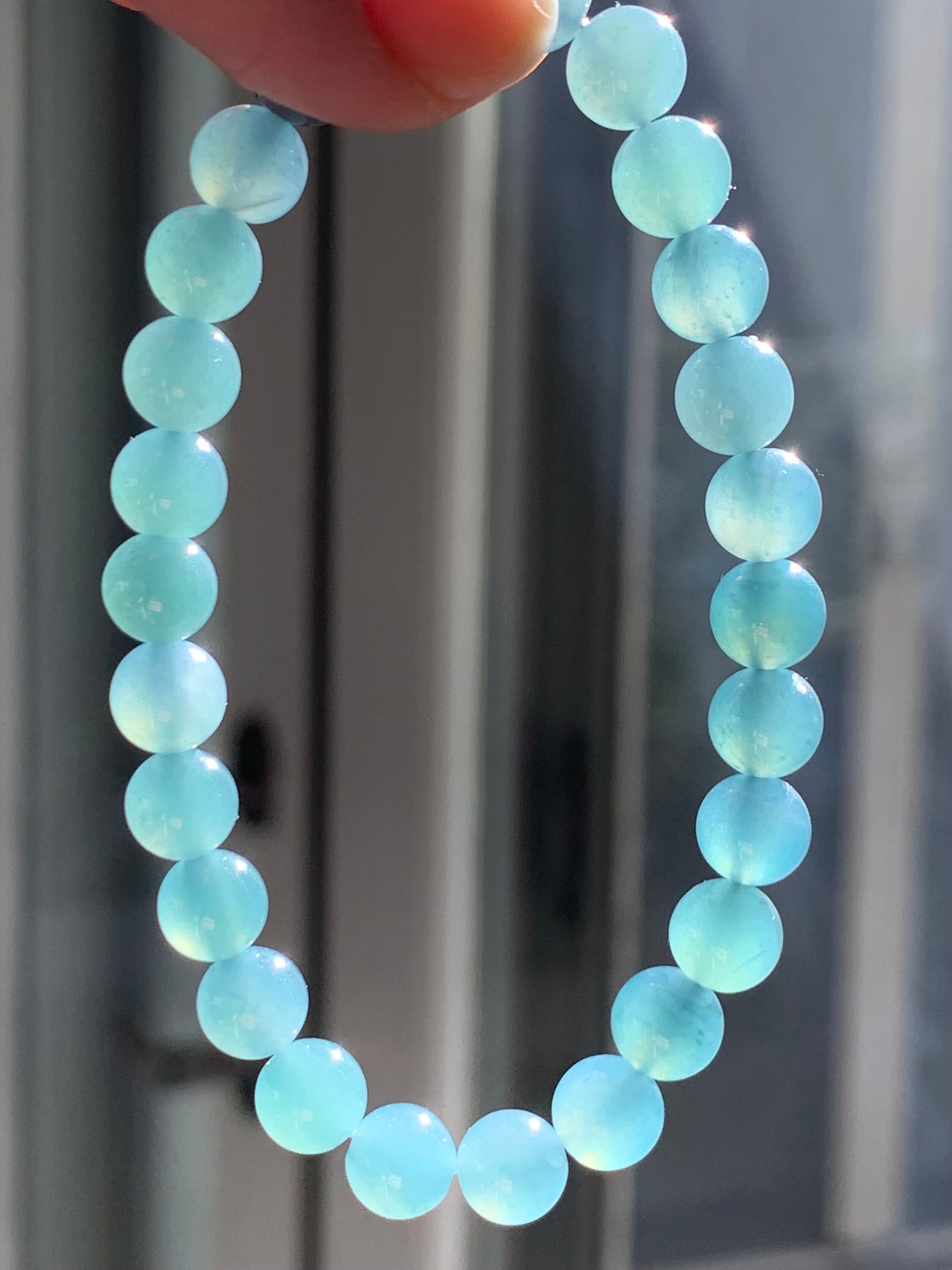 Natural Guatemalan A Graded Icy Translucent Dark Teal Blue Jadeite Beaded Bracelet 6.7mm 6.25” 14g Stretchy 天然冰危湖水蓝翡翠手串 QLLW113