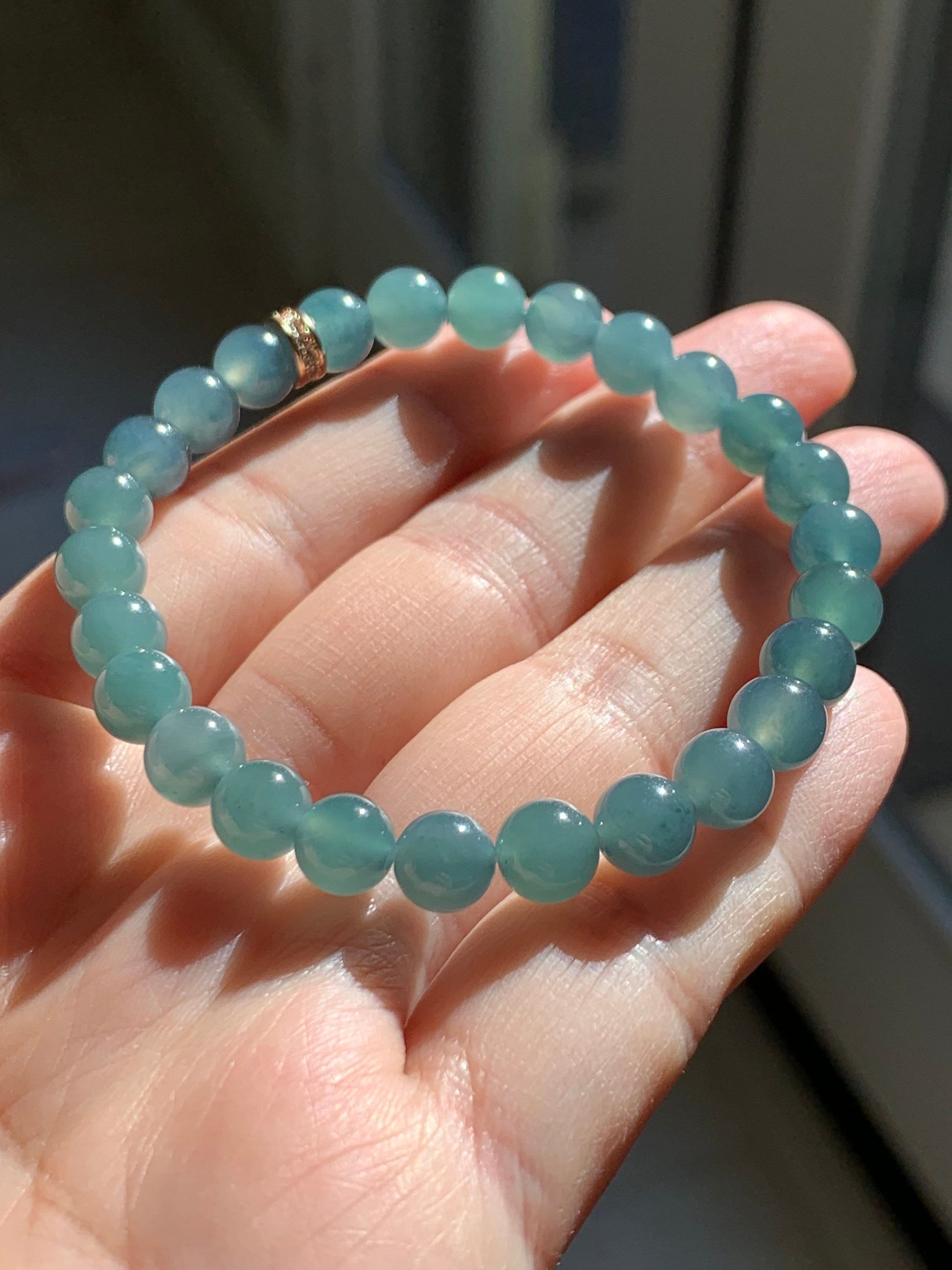 Natural Guatemalan A Graded Icy Translucent Dark Teal Blue Jadeite Beaded Bracelet 6.7mm 6.25” 14g Stretchy 天然冰危湖水蓝翡翠手串 QLLW113