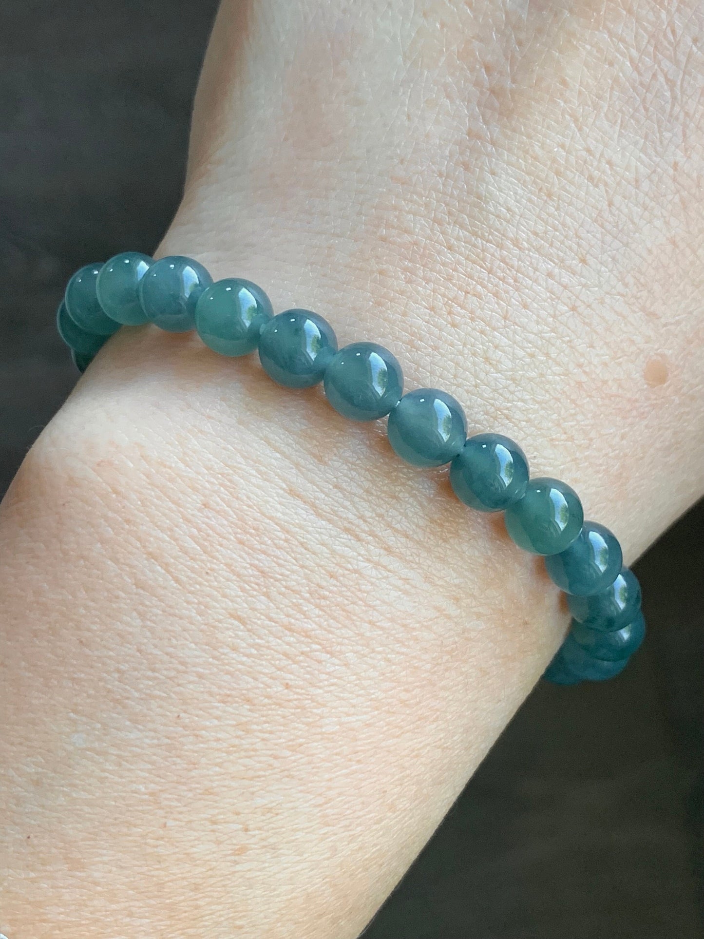 Natural Guatemalan A Graded Icy Translucent Dark Teal Blue Jadeite Beaded Bracelet 6.7mm 6.25” 14g Stretchy 天然冰危湖水蓝翡翠手串 QLLW113