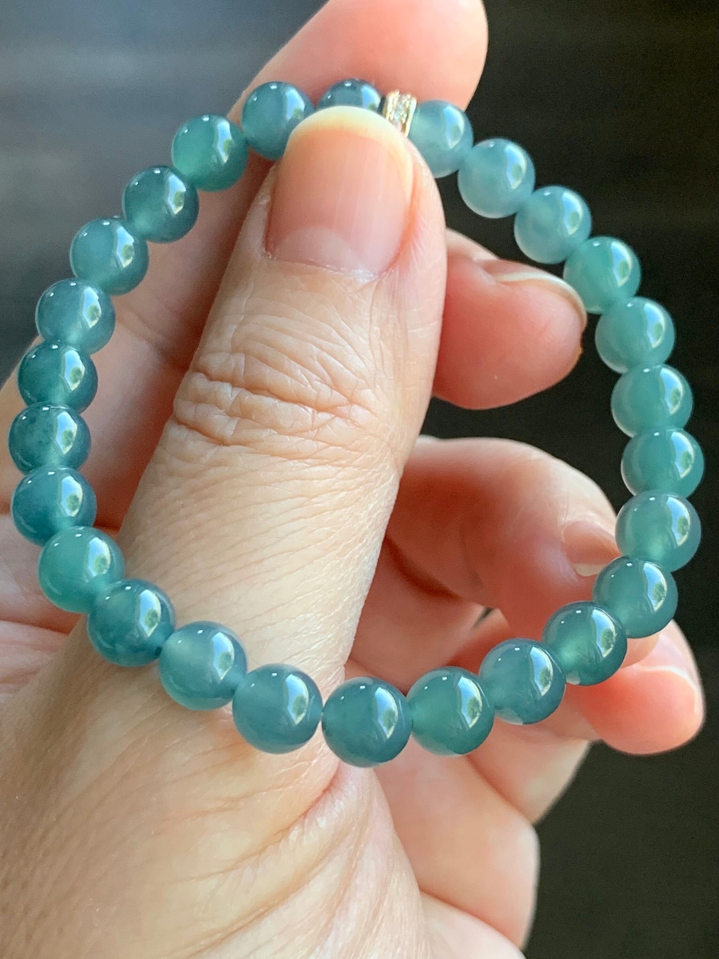 Natural Guatemalan A Graded Icy Translucent Dark Teal Blue Jadeite Beaded Bracelet 6.7mm 6.25” 14g Stretchy 天然冰危湖水蓝翡翠手串 QLLW113