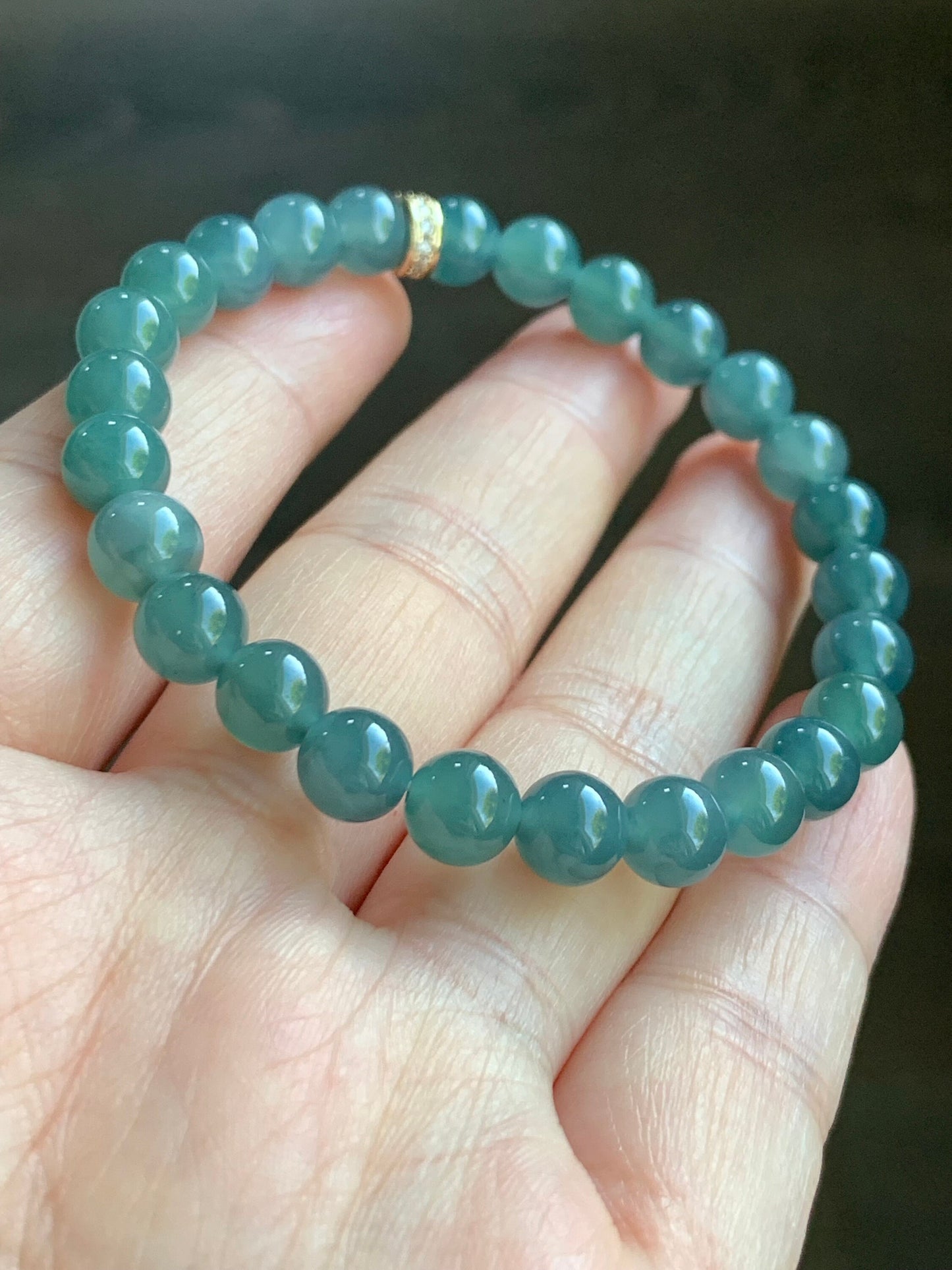 Natural Guatemalan A Graded Icy Translucent Dark Teal Blue Jadeite Beaded Bracelet 6.7mm 6.25” 14g Stretchy 天然冰危湖水蓝翡翠手串 QLLW113
