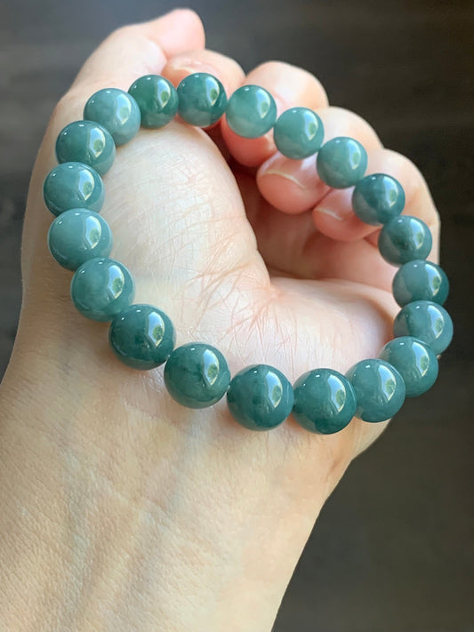 Natural Guatemalan Translucent Teal Blue Jadeite Beaded Bracelet Stretchy 9.5mm 7.25” 32g 天然冰危糯种蓝绿翡翠圆珠手串 WTB21