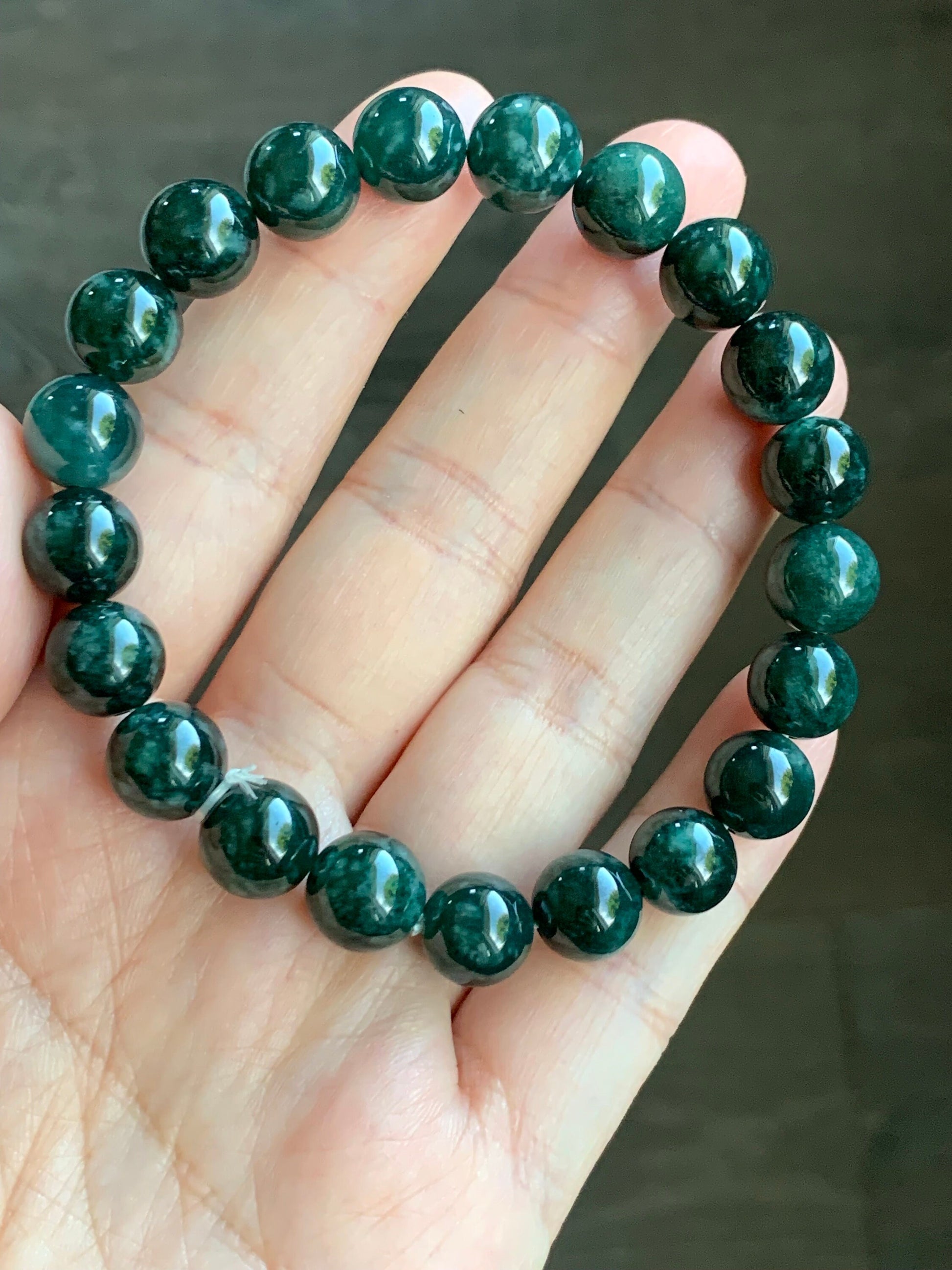 Natural Guatemalan Icy Translucent Dark Teal Green Jadeite Beaded Bracelet Stretchy 9.8mm 7.5” 33g 天然冰危糯种深绿翡翠圆珠手串 LLS1221
