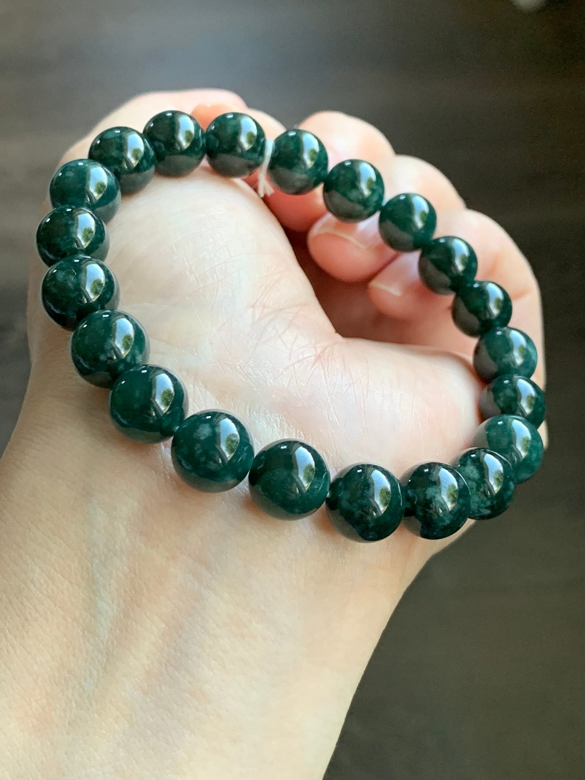 Natural Guatemalan Icy Translucent Dark Teal Green Jadeite Beaded Bracelet Stretchy 9.8mm 7.5” 33g 天然冰危糯种深绿翡翠圆珠手串 LLS1221