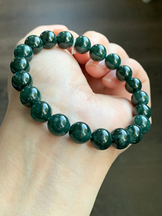 Natural Guatemalan Icy Translucent Dark Teal Green Jadeite Beaded Bracelet Stretchy 9.8mm 7.5” 33g 天然冰危糯种深绿翡翠圆珠手串 LLS1221