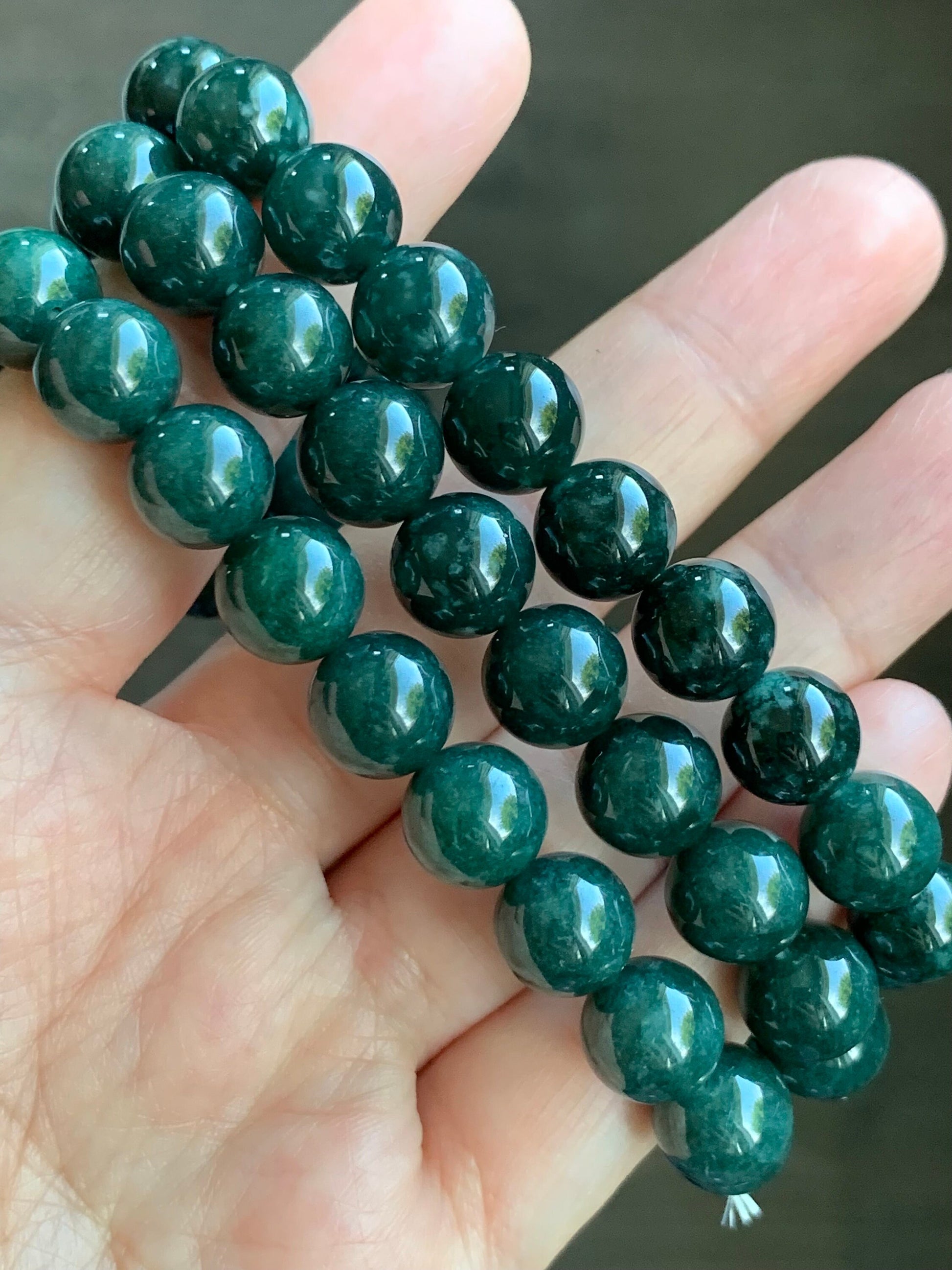 Natural Guatemalan Icy Translucent Dark Teal Green Jadeite Beaded Bracelet Stretchy 9.8mm 7.5” 33g 天然冰危糯种深绿翡翠圆珠手串 LLS1221