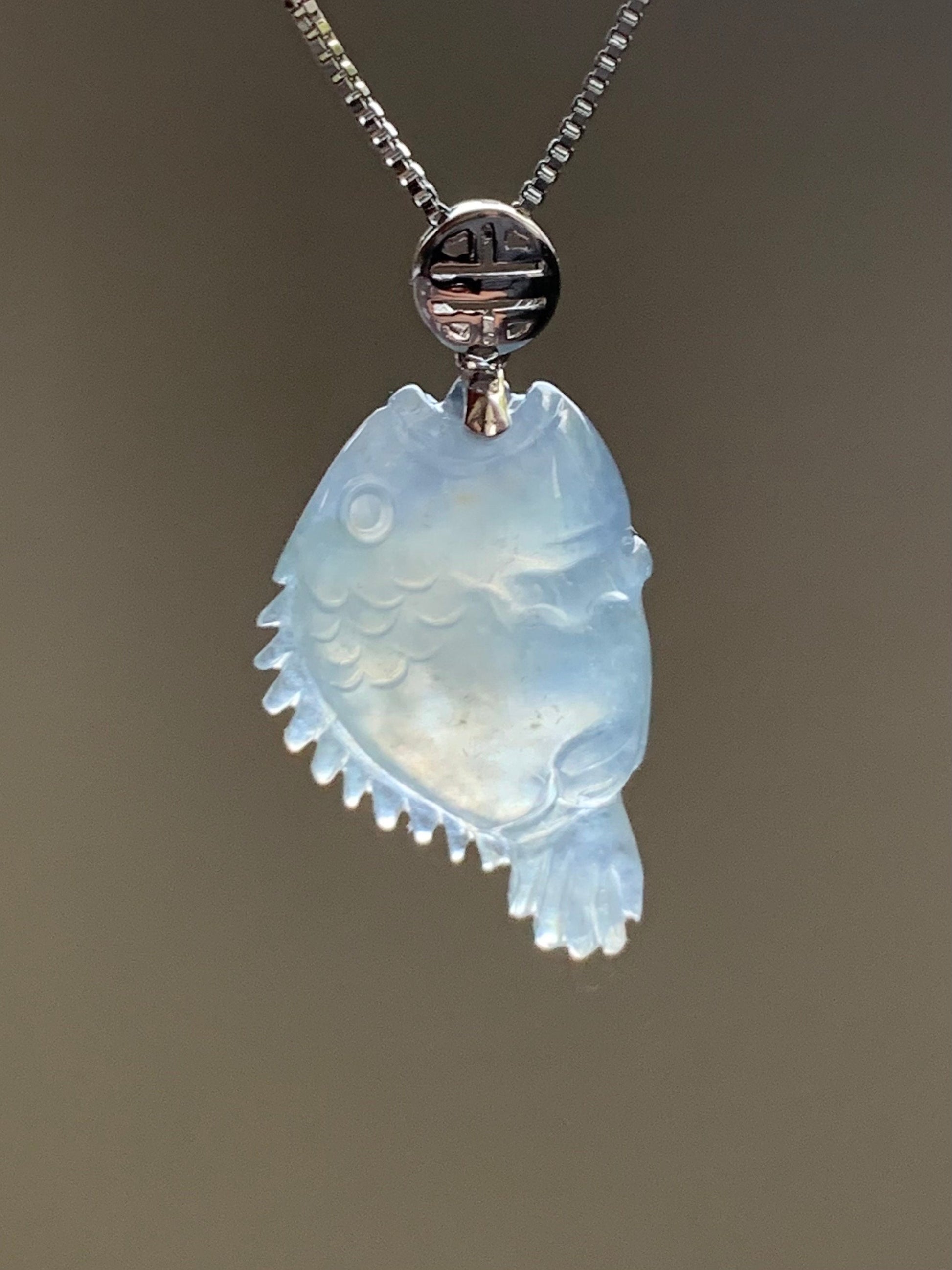 Certified Natural Burmese Icy Translucent Gelatinous Light Blue Jadeite Fish Pendant 18K White Gold 3.17 grams 天然缅甸冰胶淡蓝翡翠鱼镶嵌吊坠