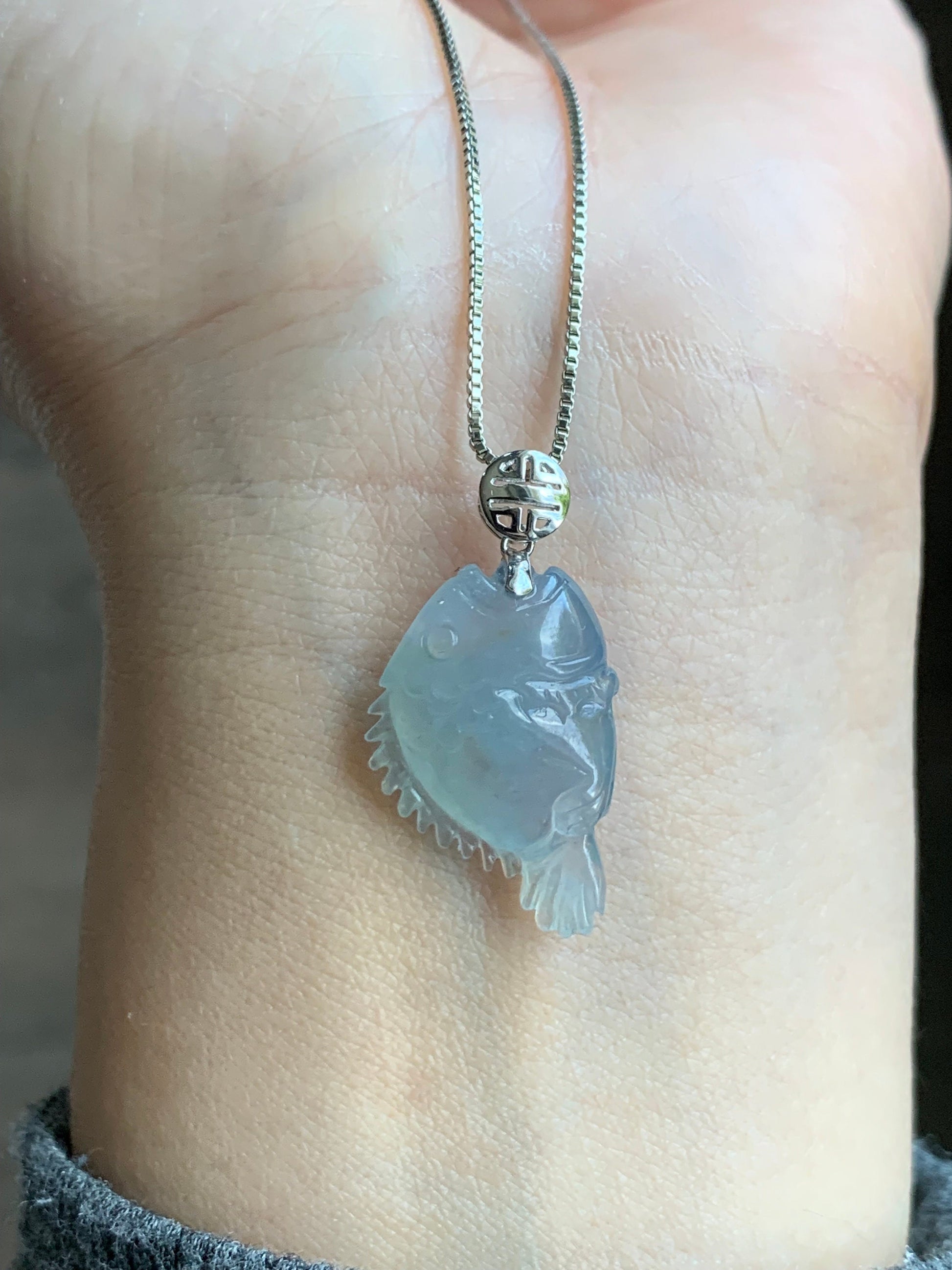 Certified Natural Burmese Icy Translucent Gelatinous Light Blue Jadeite Fish Pendant 18K White Gold 3.17 grams 天然缅甸冰胶淡蓝翡翠鱼镶嵌吊坠