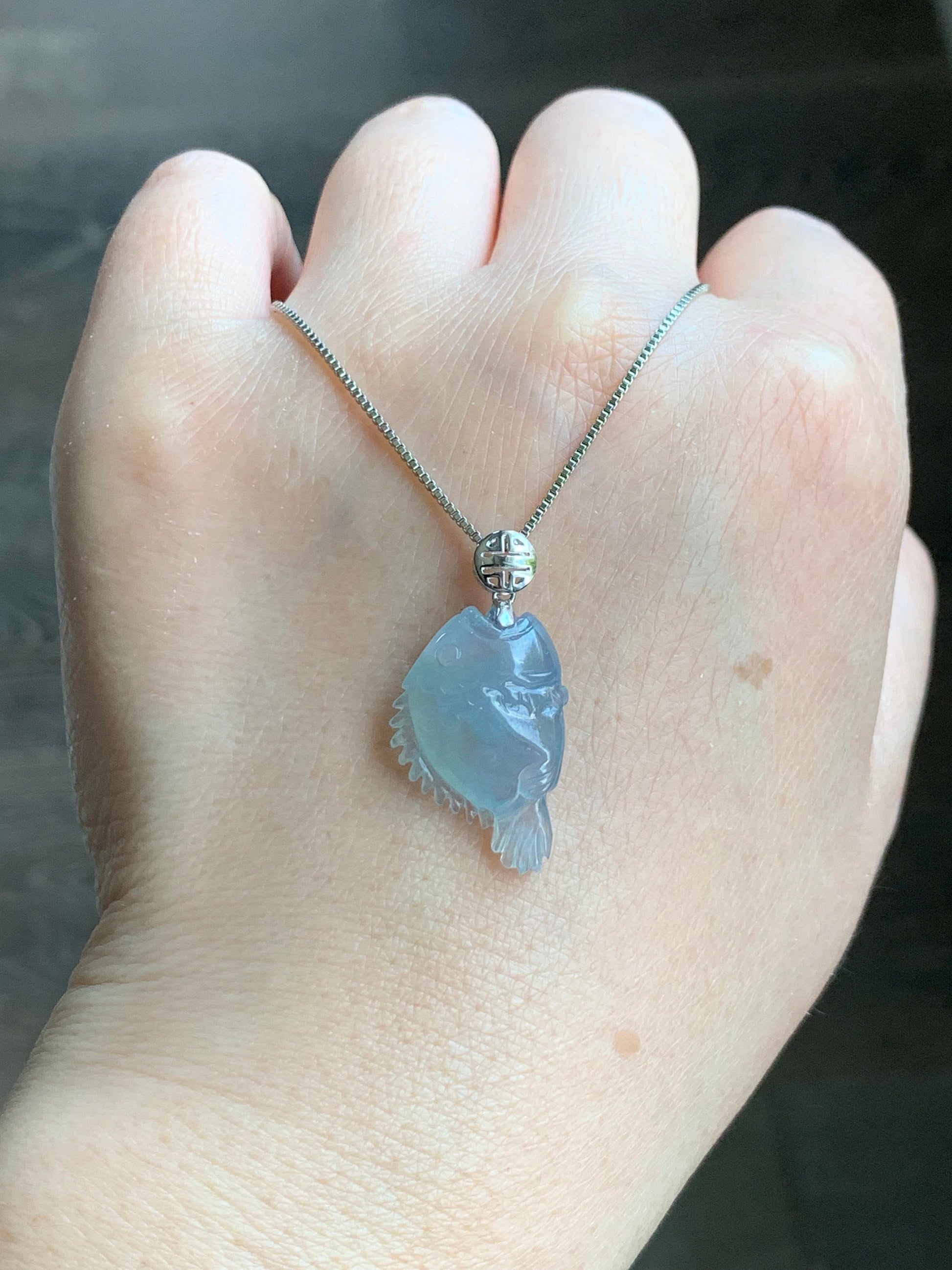 Certified Natural Burmese Icy Translucent Gelatinous Light Blue Jadeite Fish Pendant 18K White Gold 3.17 grams 天然缅甸冰胶淡蓝翡翠鱼镶嵌吊坠