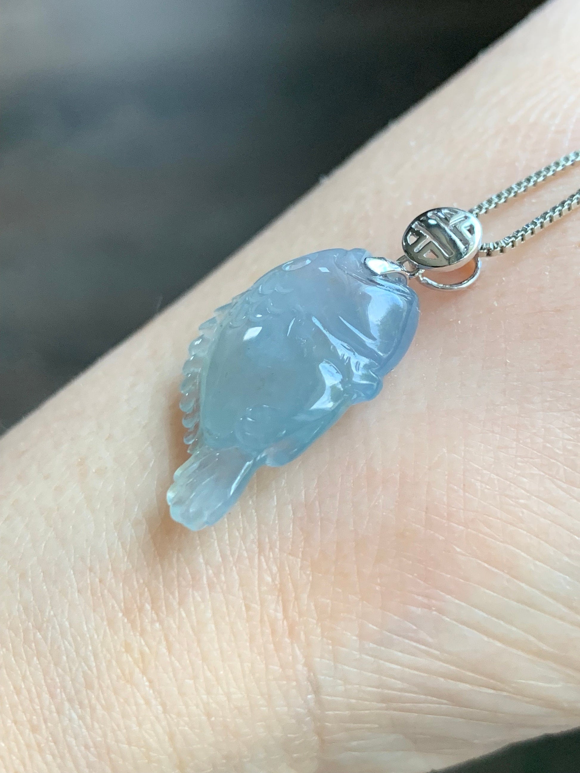Certified Natural Burmese Icy Translucent Gelatinous Light Blue Jadeite Fish Pendant 18K White Gold 3.17 grams 天然缅甸冰胶淡蓝翡翠鱼镶嵌吊坠