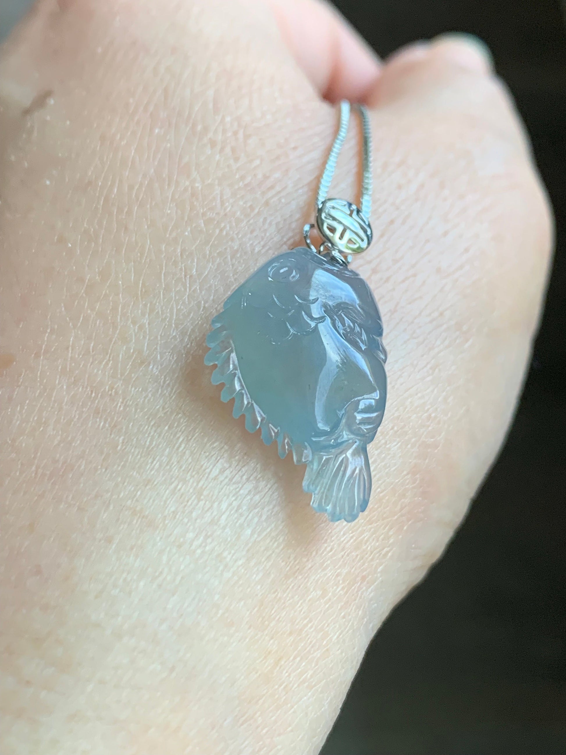 Certified Natural Burmese Icy Translucent Gelatinous Light Blue Jadeite Fish Pendant 18K White Gold 3.17 grams 天然缅甸冰胶淡蓝翡翠鱼镶嵌吊坠