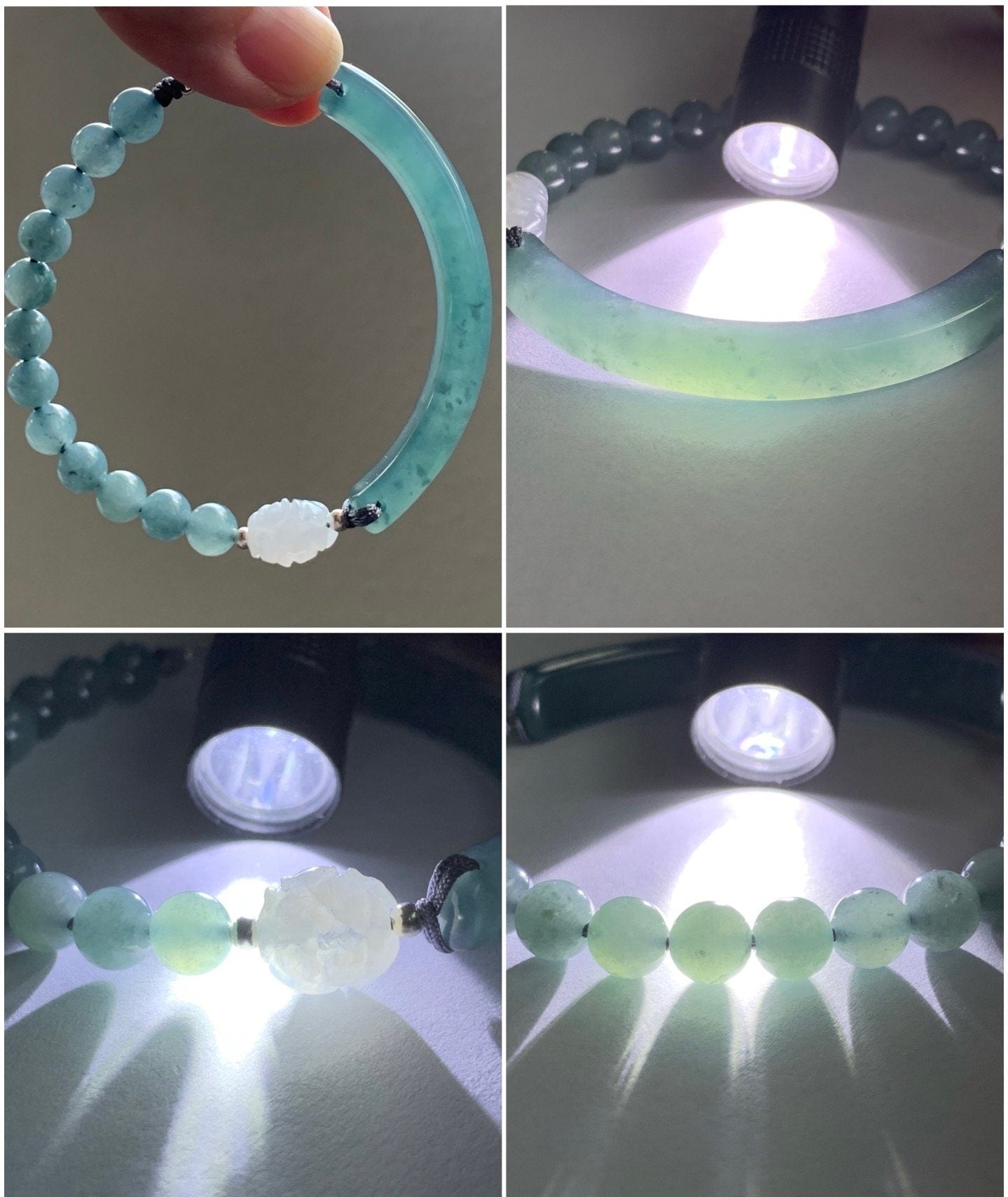Natural Guatemalan Icy Highly Translucent Blue Jadeite Cuff White Peony Beaded Bracelet Sterling Silver Clasp 7.5” 19g 天然冰胶危蓝水翡翠手牌牡丹花手串