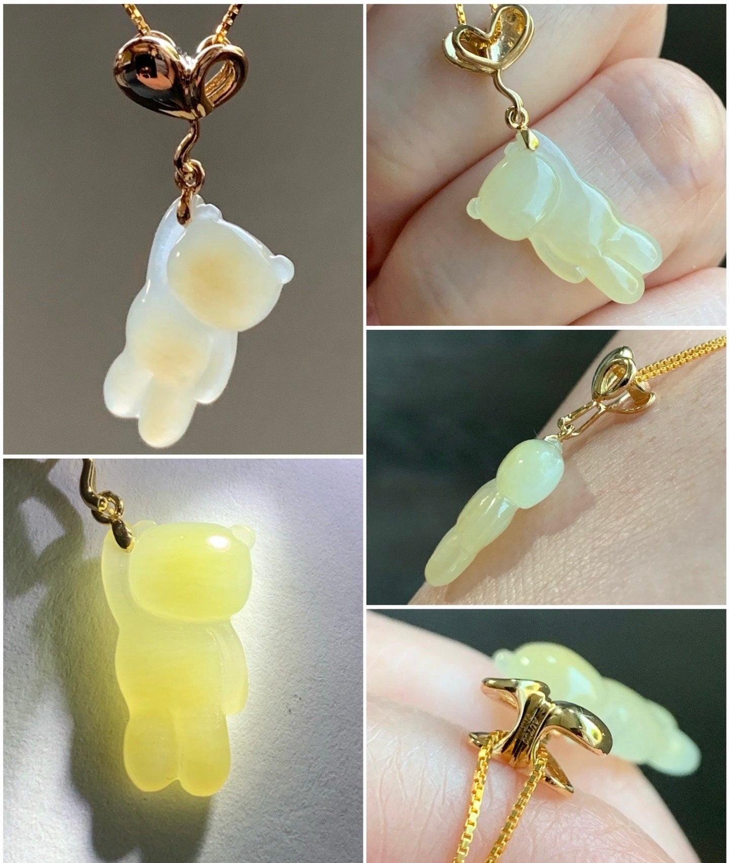 Certified Natural Burmese Icy Translucent Gelatinous Yellow Jadeite Terry Bear w/ Heart Balloon Pendant 18K Yellow Gold 天然缅甸冰胶翡翠小熊爱心气球吊坠 940