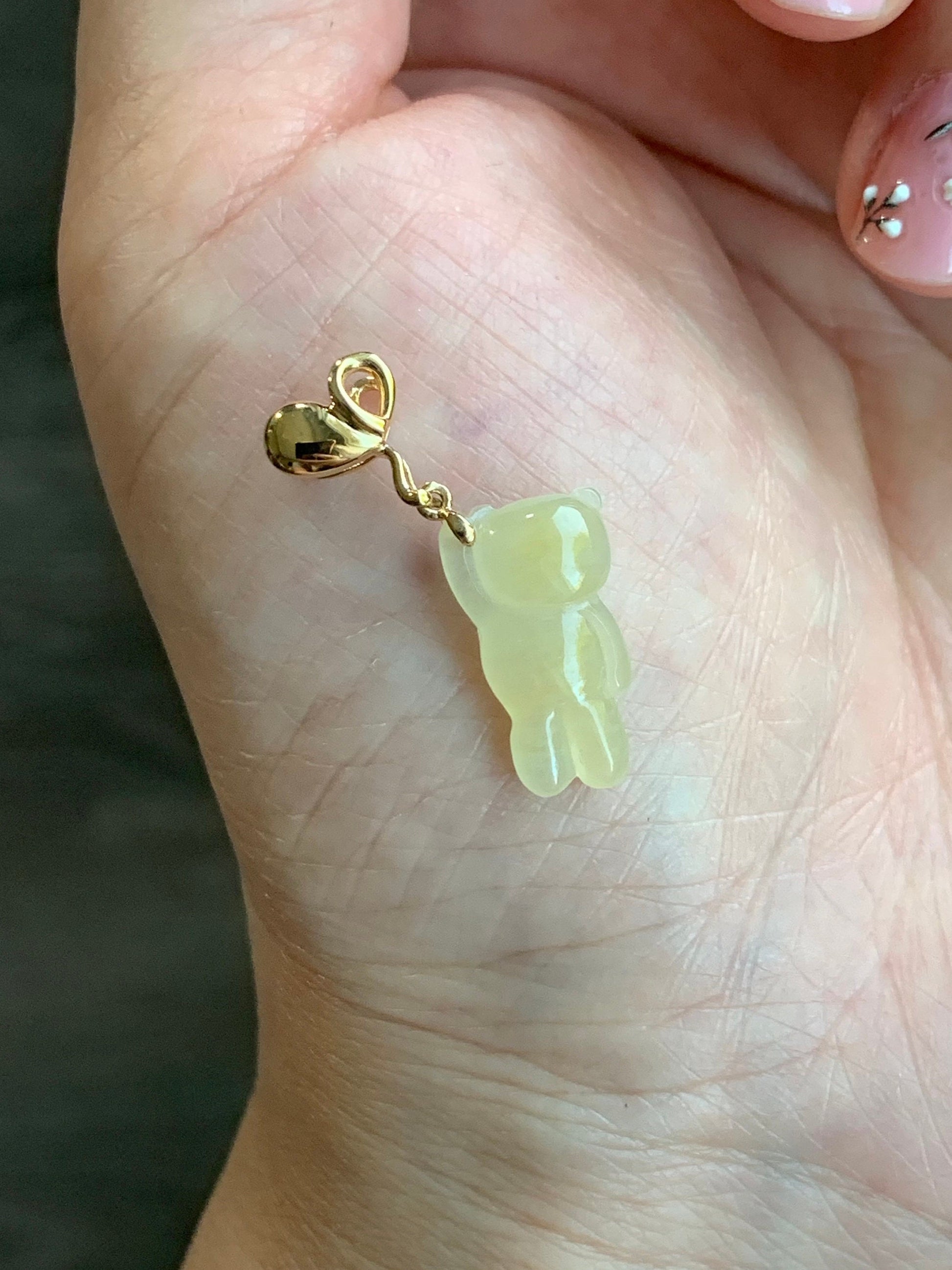 Certified Natural Burmese Icy Translucent Gelatinous Yellow Jadeite Terry Bear w/ Heart Balloon Pendant 18K Yellow Gold 天然缅甸冰胶翡翠小熊爱心气球吊坠 940