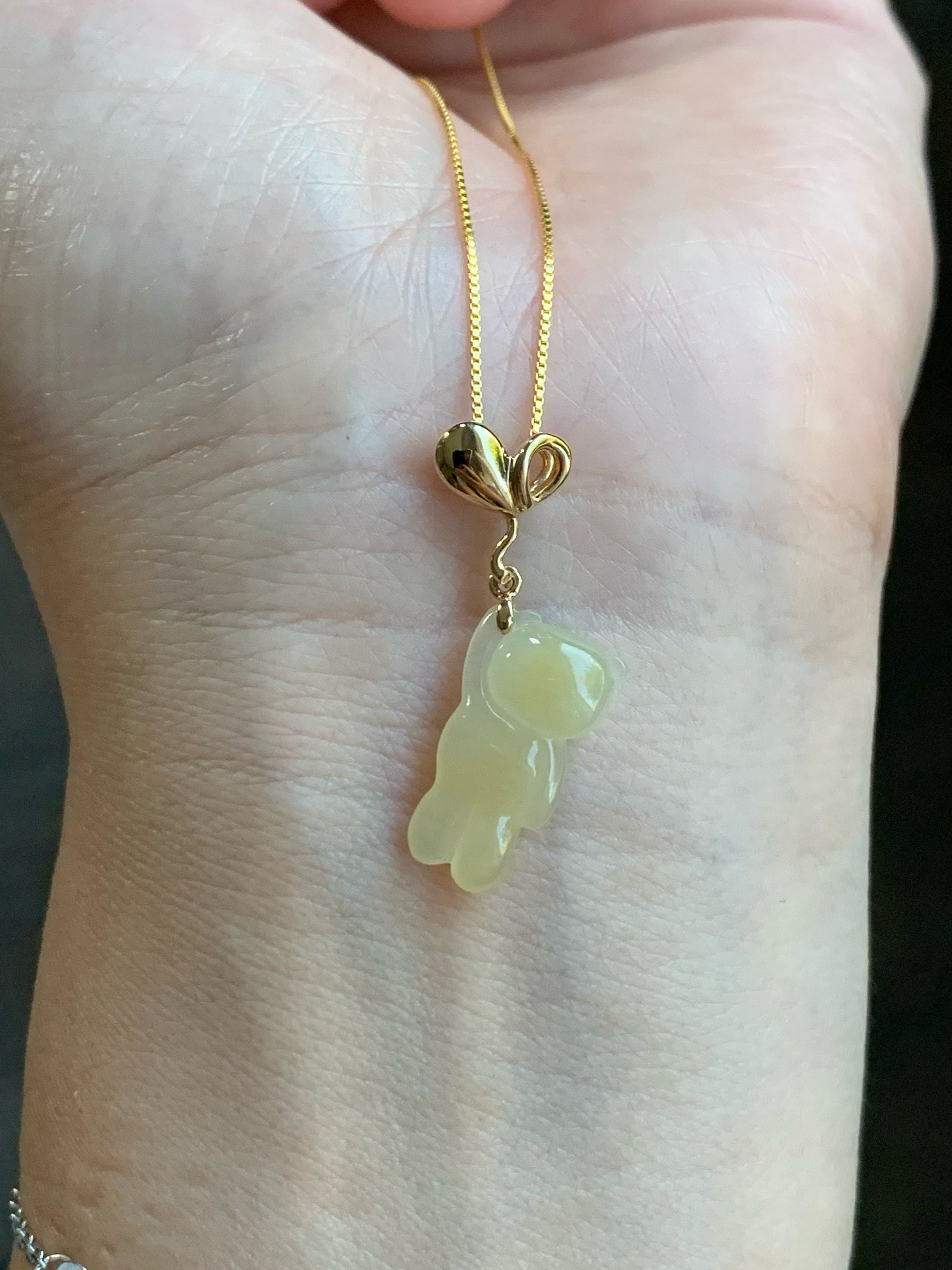 Certified Natural Burmese Icy Translucent Gelatinous Yellow Jadeite Terry Bear w/ Heart Balloon Pendant 18K Yellow Gold 天然缅甸冰胶翡翠小熊爱心气球吊坠 940