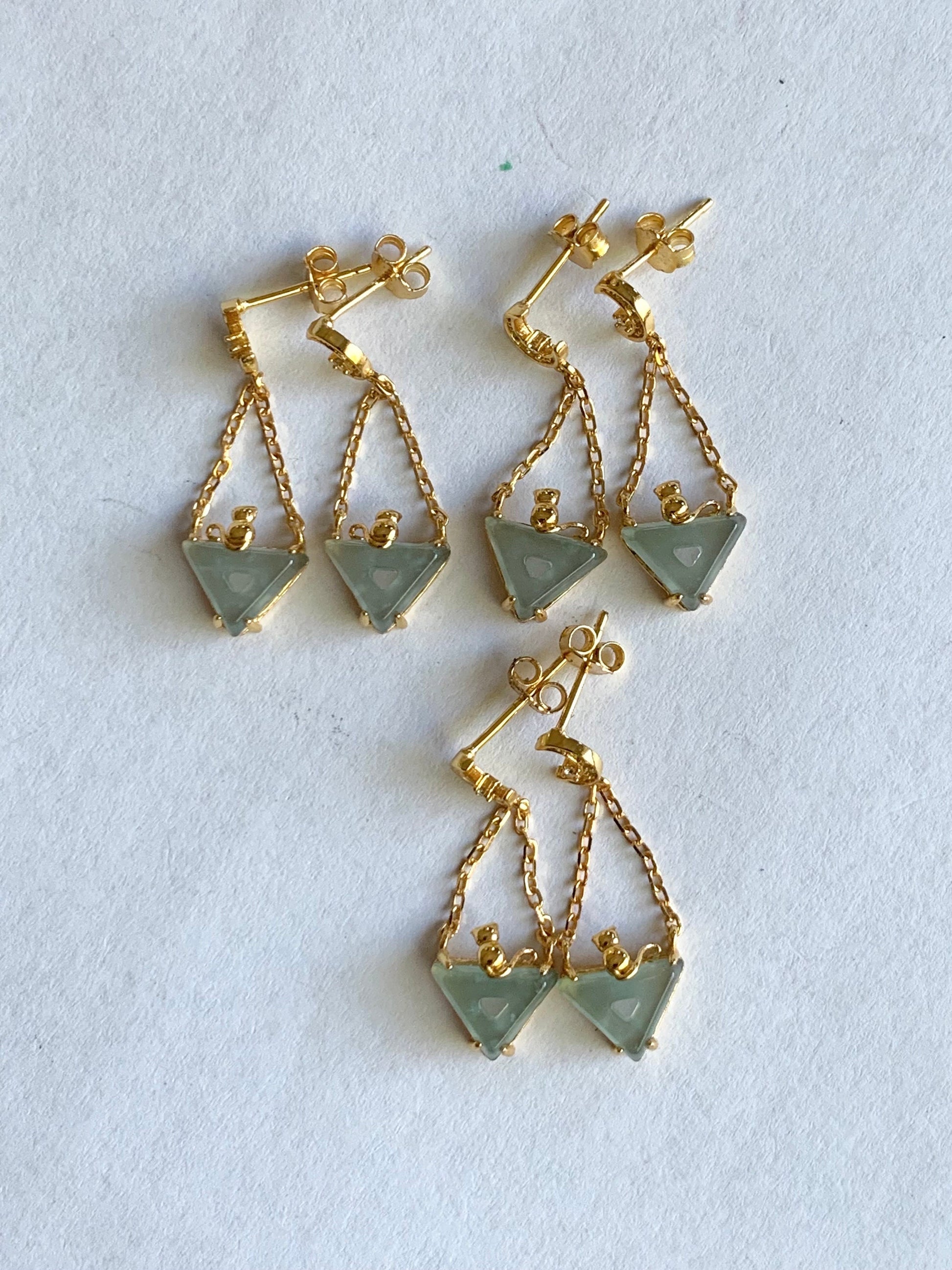Natural Guatemalan Icy Highly Translucent Light Blue Jadeite Cat Stud Earrings S925 Sterling Silver Yellow Gold Finish 天然冰危淡蓝翡翠猫咪银镶耳钉