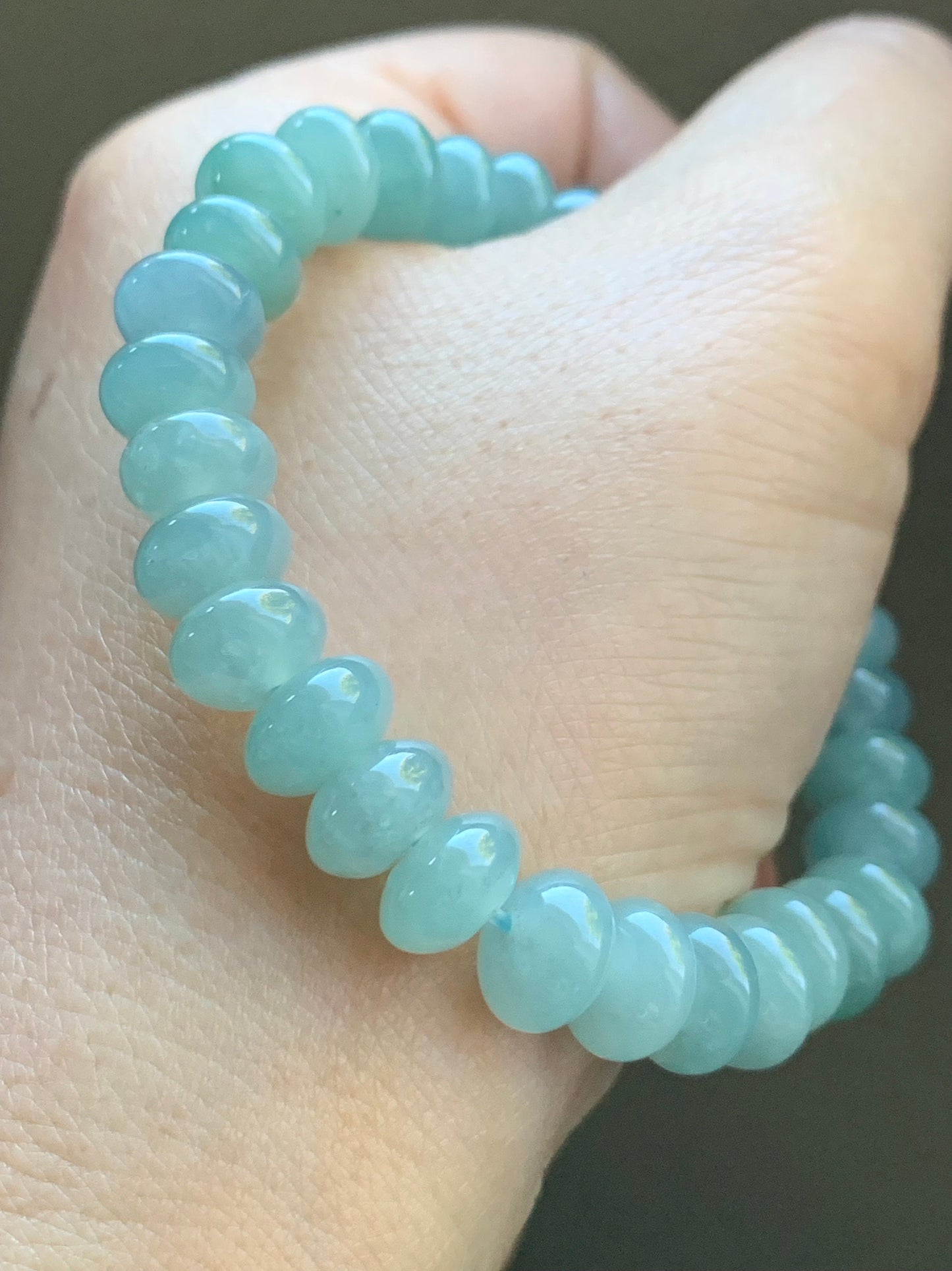 Certified Natural Guatemalan Icy Translucent Gelatinous Light Blue Jadeite Drum Beads Beaded Bracelet Stretchy 7” 26.11g 天然冰危蓝水翡翠鼓珠手串 3282