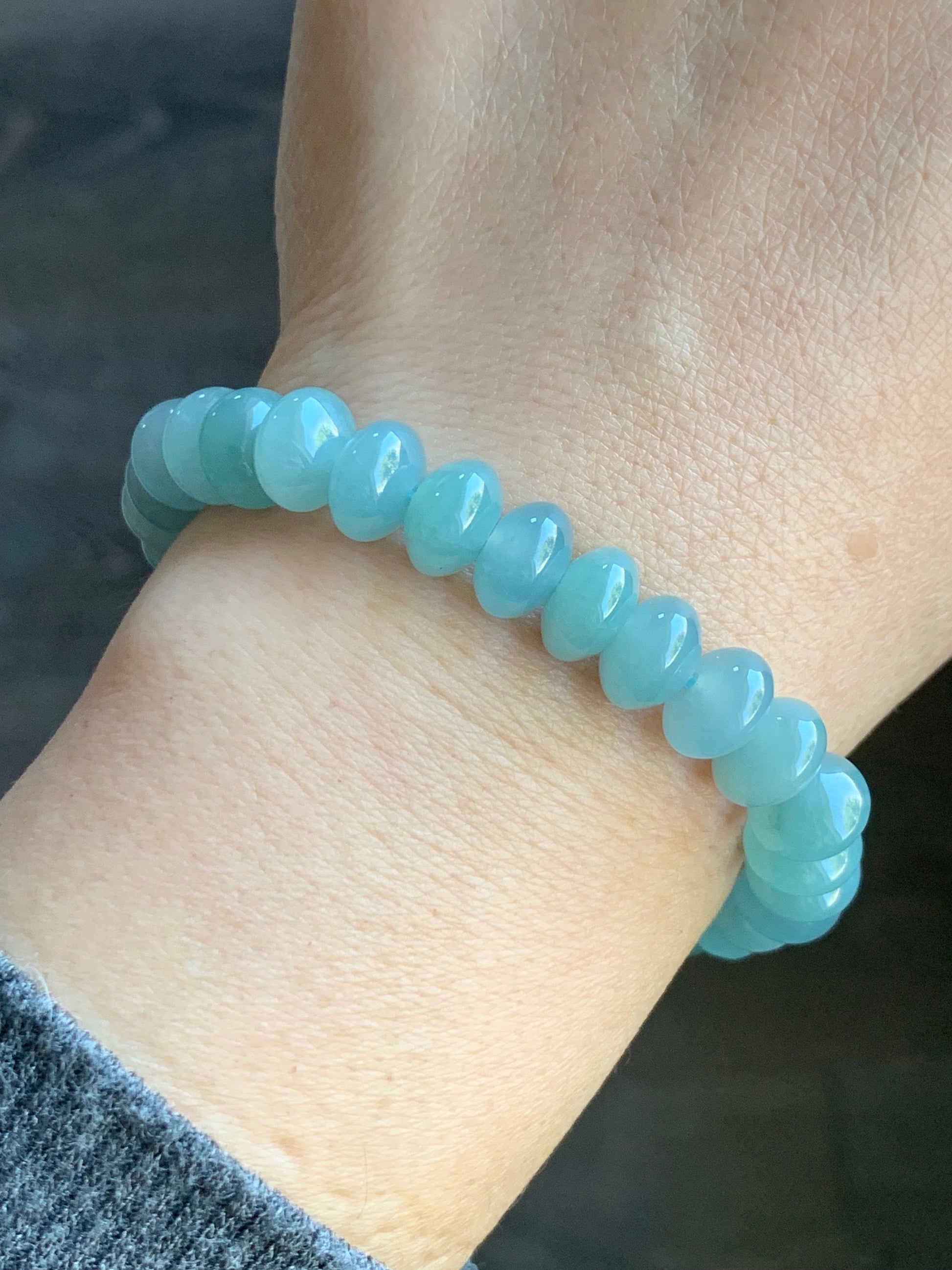 Certified Natural Guatemalan Icy Translucent Gelatinous Light Blue Jadeite Drum Beads Beaded Bracelet Stretchy 7” 26.11g 天然冰危蓝水翡翠鼓珠手串 3282