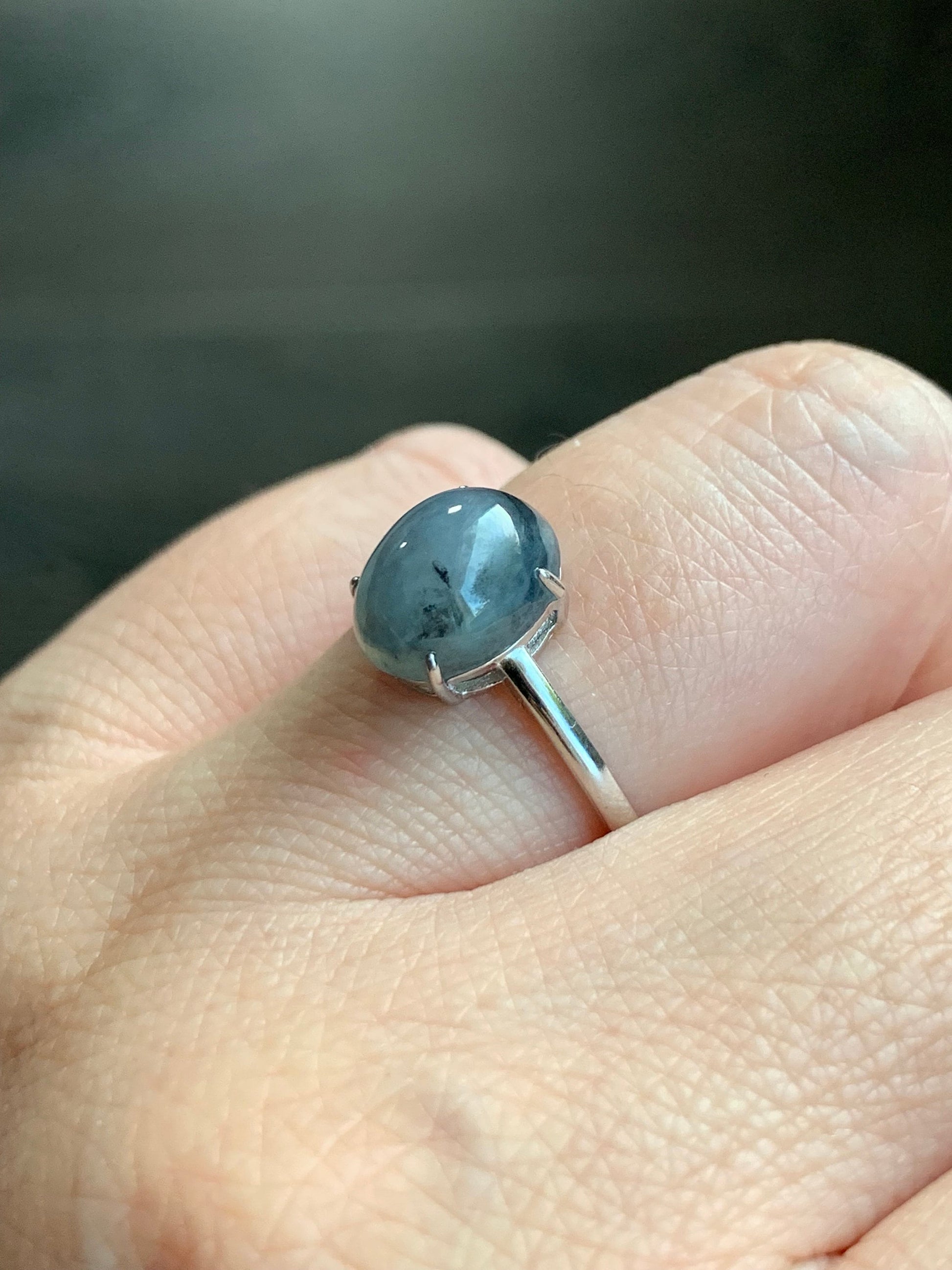 Natural Burmese Icy Translucent Gelatinous Wuji Jadeite Oval Solitaire Ring S925 Sterling Silver Size 7 Adjustable 天然缅甸老种冰胶乌鸡翡翠银镶戒指 BWJ70