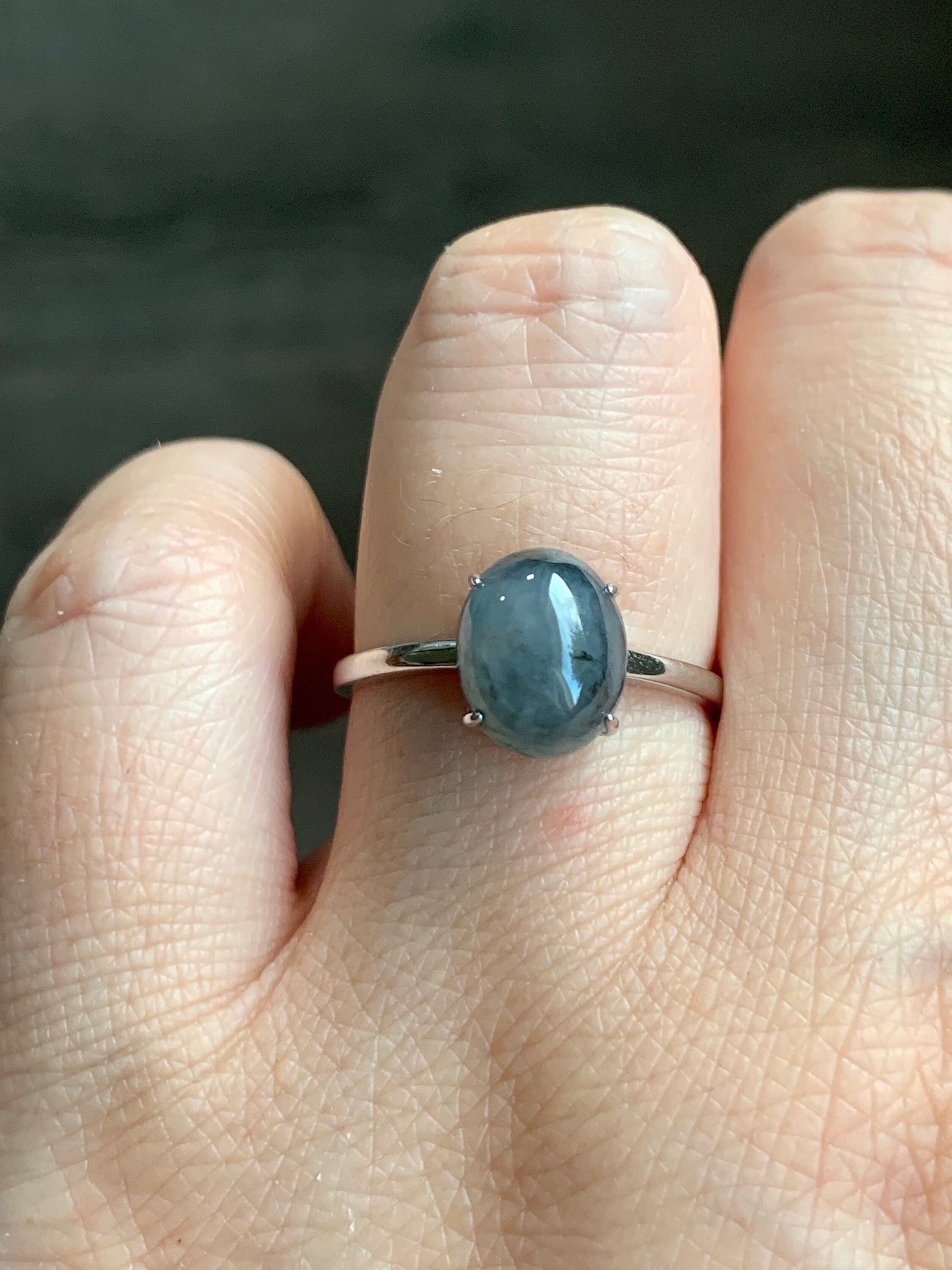Natural Burmese Icy Translucent Gelatinous Wuji Jadeite Oval Solitaire Ring S925 Sterling Silver Size 7 Adjustable 天然缅甸老种冰胶乌鸡翡翠银镶戒指 BWJ70