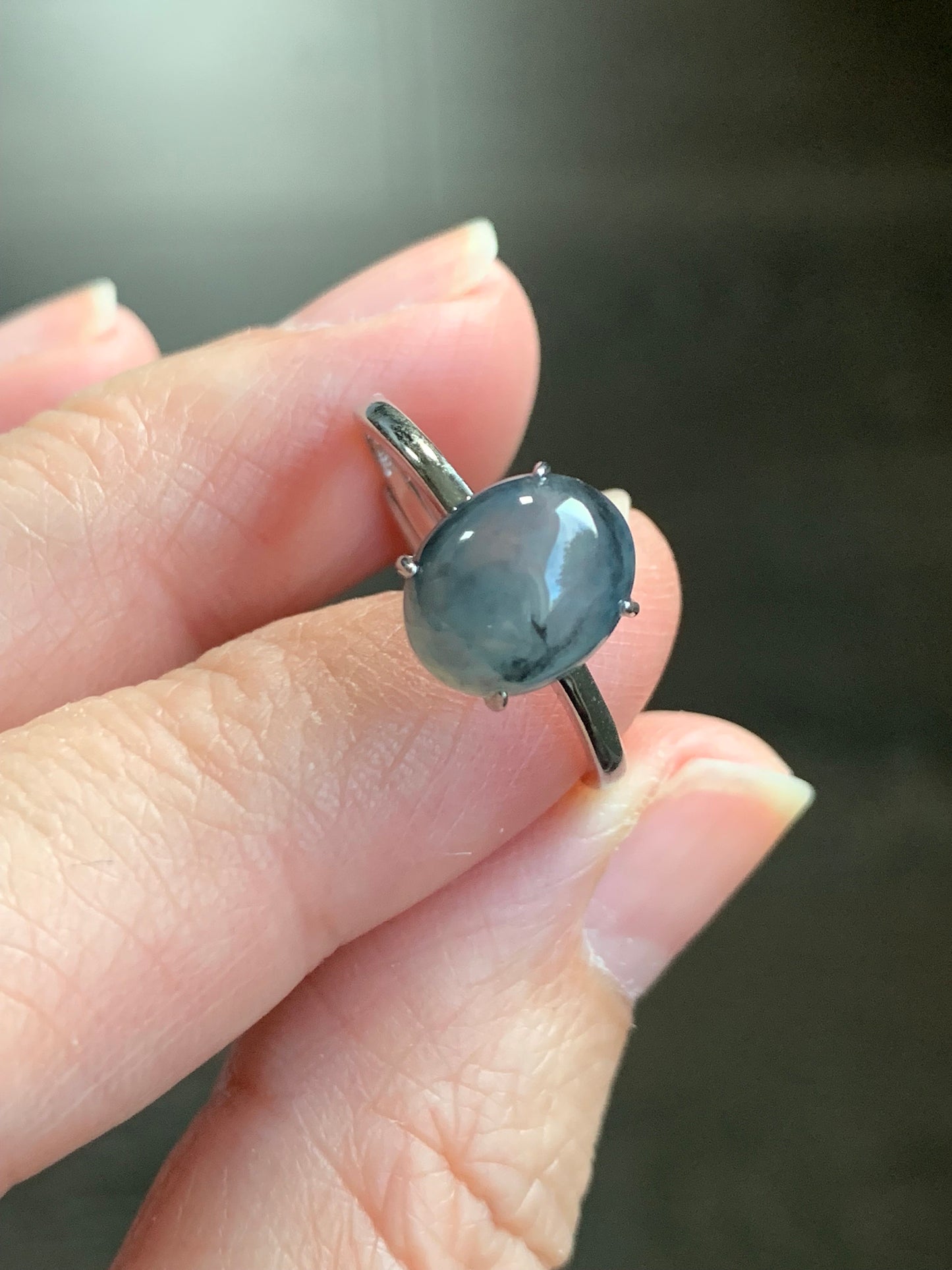 Natural Burmese Icy Translucent Gelatinous Wuji Jadeite Oval Solitaire Ring S925 Sterling Silver Size 7 Adjustable 天然缅甸老种冰胶乌鸡翡翠银镶戒指 BWJ70