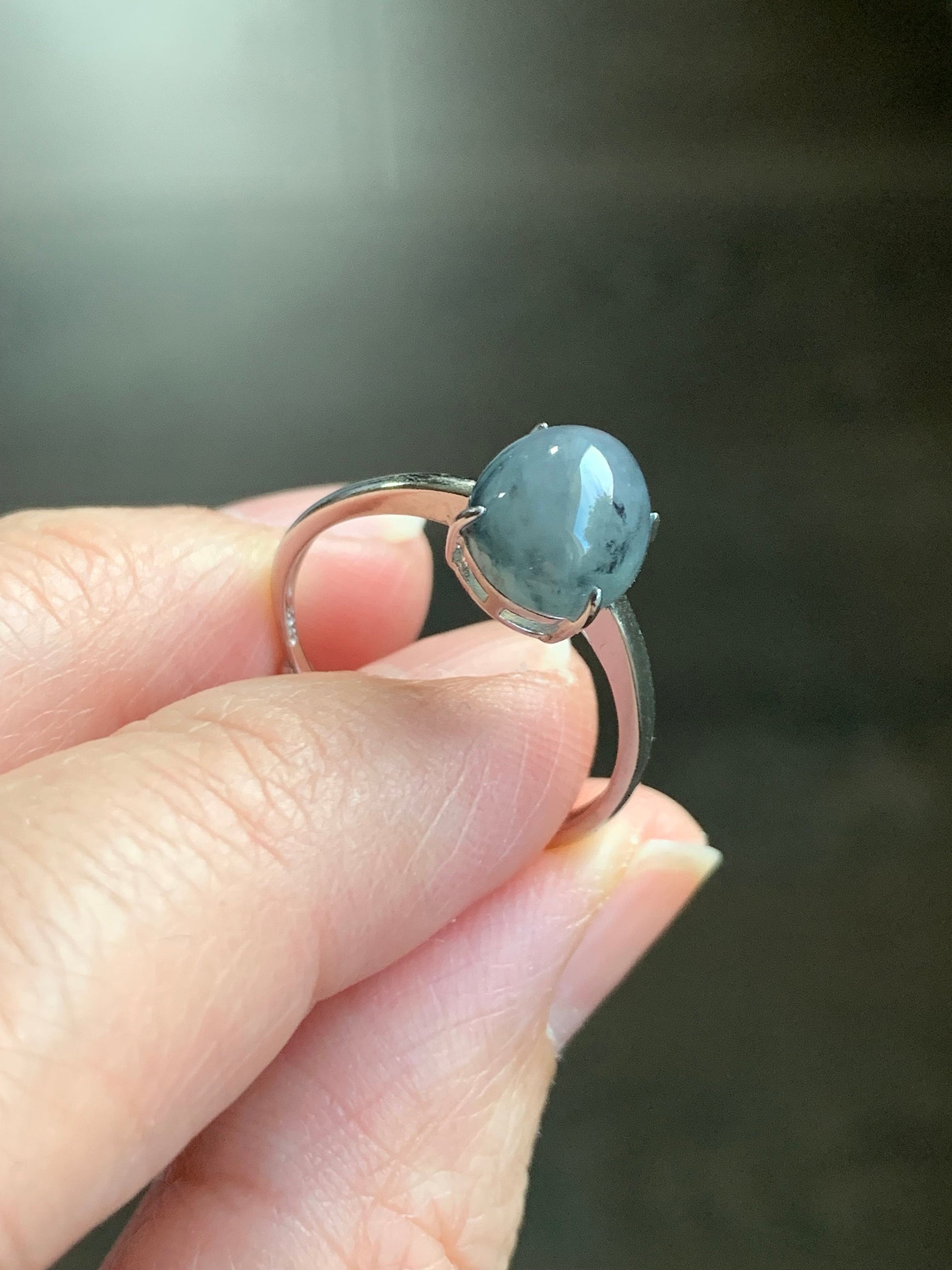 Natural Burmese Icy Translucent Gelatinous Wuji Jadeite Oval Solitaire Ring S925 Sterling Silver Size 7 Adjustable 天然缅甸老种冰胶乌鸡翡翠银镶戒指 BWJ70