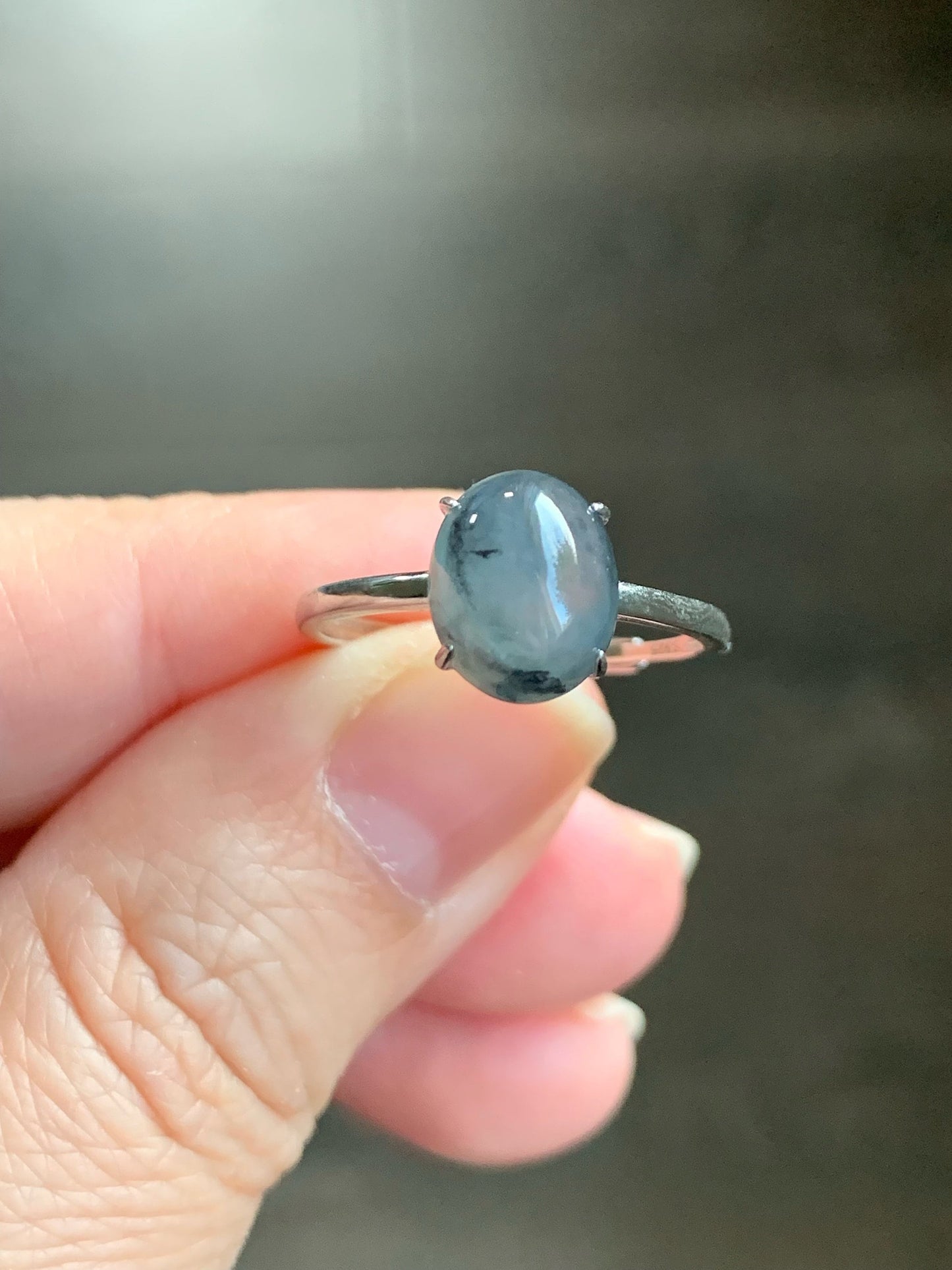 Natural Burmese Icy Translucent Gelatinous Wuji Jadeite Oval Solitaire Ring S925 Sterling Silver Size 7 Adjustable 天然缅甸老种冰胶乌鸡翡翠银镶戒指 BWJ70