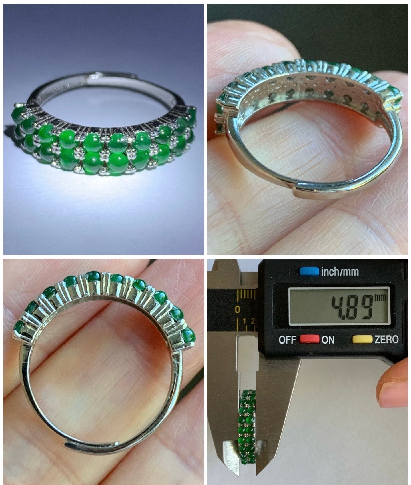 Natural Guatemalan Icy Vibrant Green Jadeite Double Band Ring S925 Sterling Silver Size Adjustable 天然高冰危绿翡翠银镶双排排戒 WLPJ220