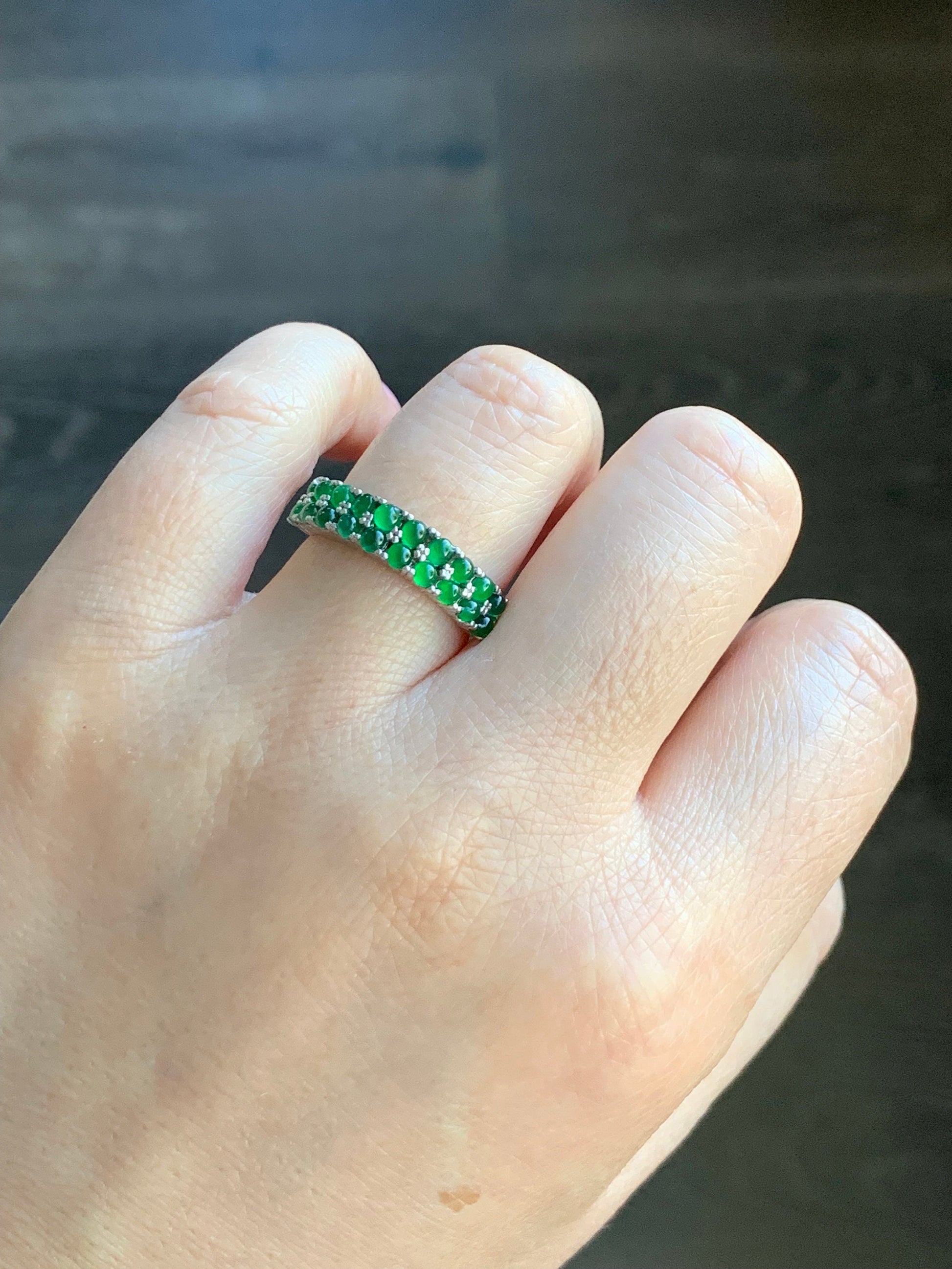 Natural Guatemalan Icy Vibrant Green Jadeite Double Band Ring S925 Sterling Silver Size Adjustable 天然高冰危绿翡翠银镶双排排戒 WLPJ220
