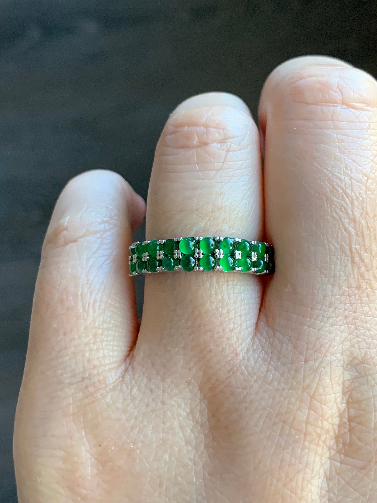 Natural Guatemalan Icy Vibrant Green Jadeite Double Band Ring S925 Sterling Silver Size Adjustable 天然高冰危绿翡翠银镶双排排戒 WLPJ220