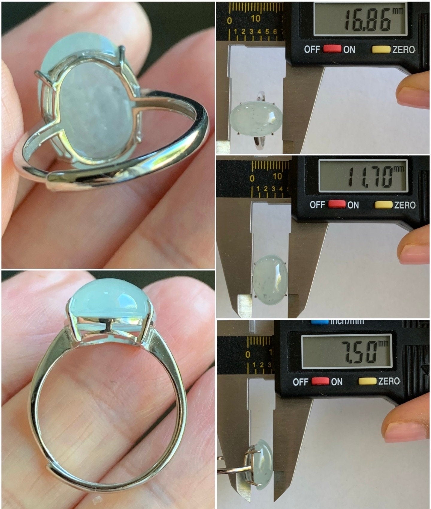 Natural Burmese Icy Translucent Gelatinous Large White Wuji Jadeite Solitaire Ring Sterling Silver Size Adjustable 天然缅甸冰胶白乌鸡翡翠蛋面银镶戒指 BWJ1228