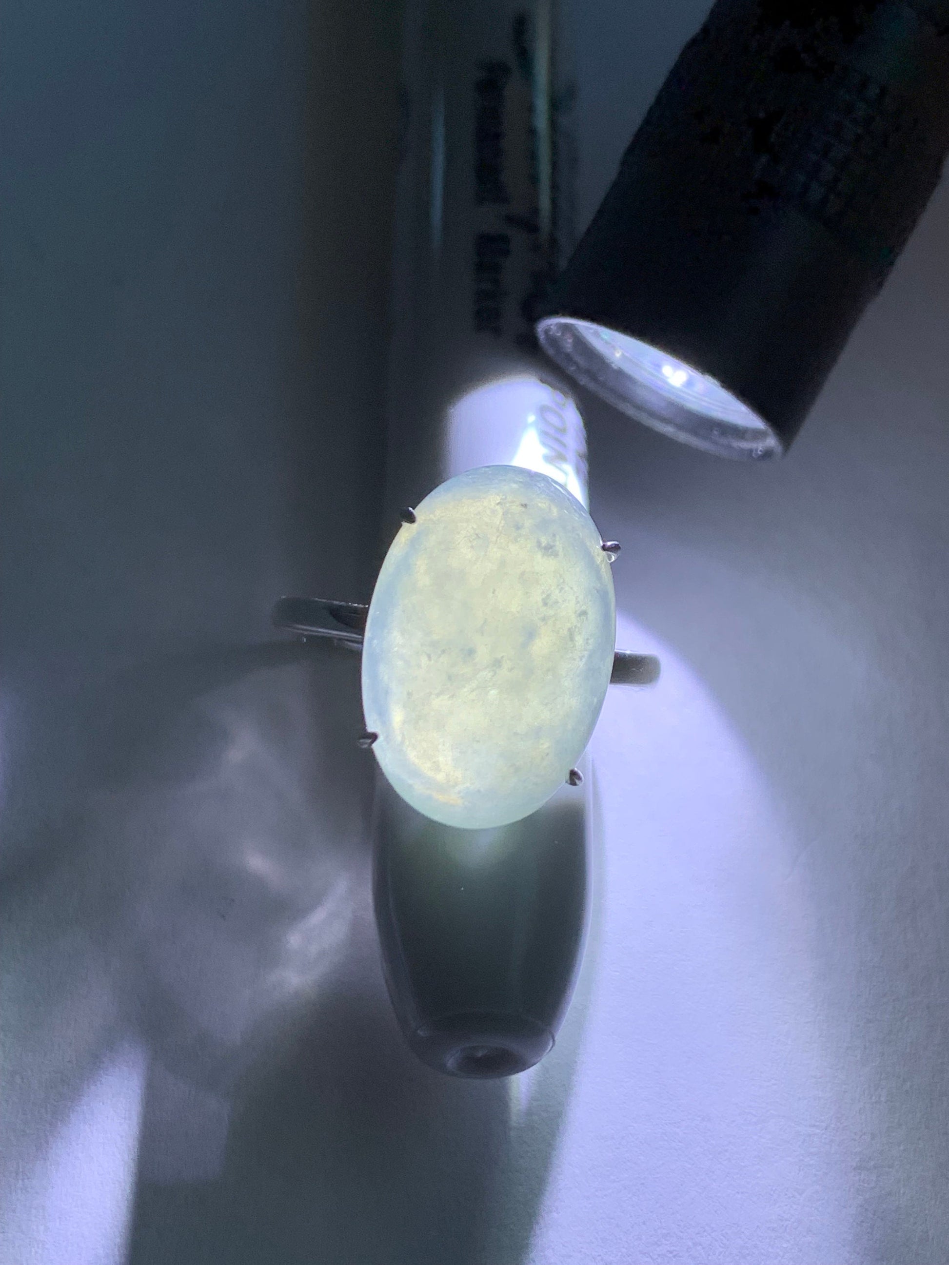 Natural Burmese Icy Translucent Gelatinous Large White Wuji Jadeite Solitaire Ring Sterling Silver Size Adjustable 天然缅甸冰胶白乌鸡翡翠蛋面银镶戒指 BWJ1228