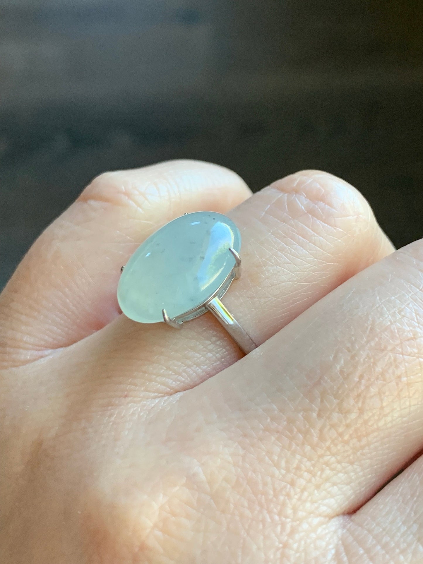 Natural Burmese Icy Translucent Gelatinous Large White Wuji Jadeite Solitaire Ring Sterling Silver Size Adjustable 天然缅甸冰胶白乌鸡翡翠蛋面银镶戒指 BWJ1228