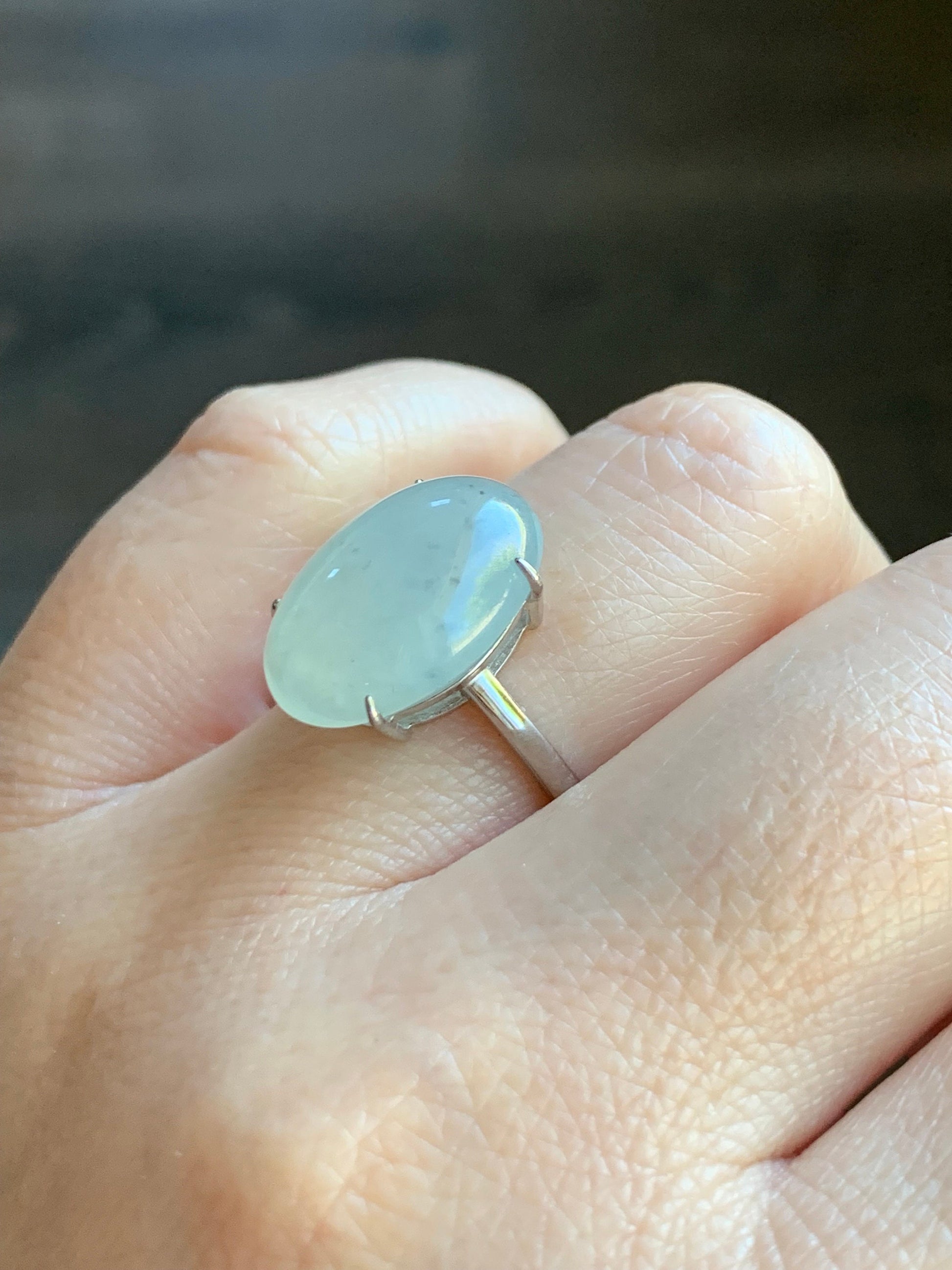 Natural Burmese Icy Translucent Gelatinous Large White Wuji Jadeite Solitaire Ring Sterling Silver Size Adjustable 天然缅甸冰胶白乌鸡翡翠蛋面银镶戒指 BWJ1228