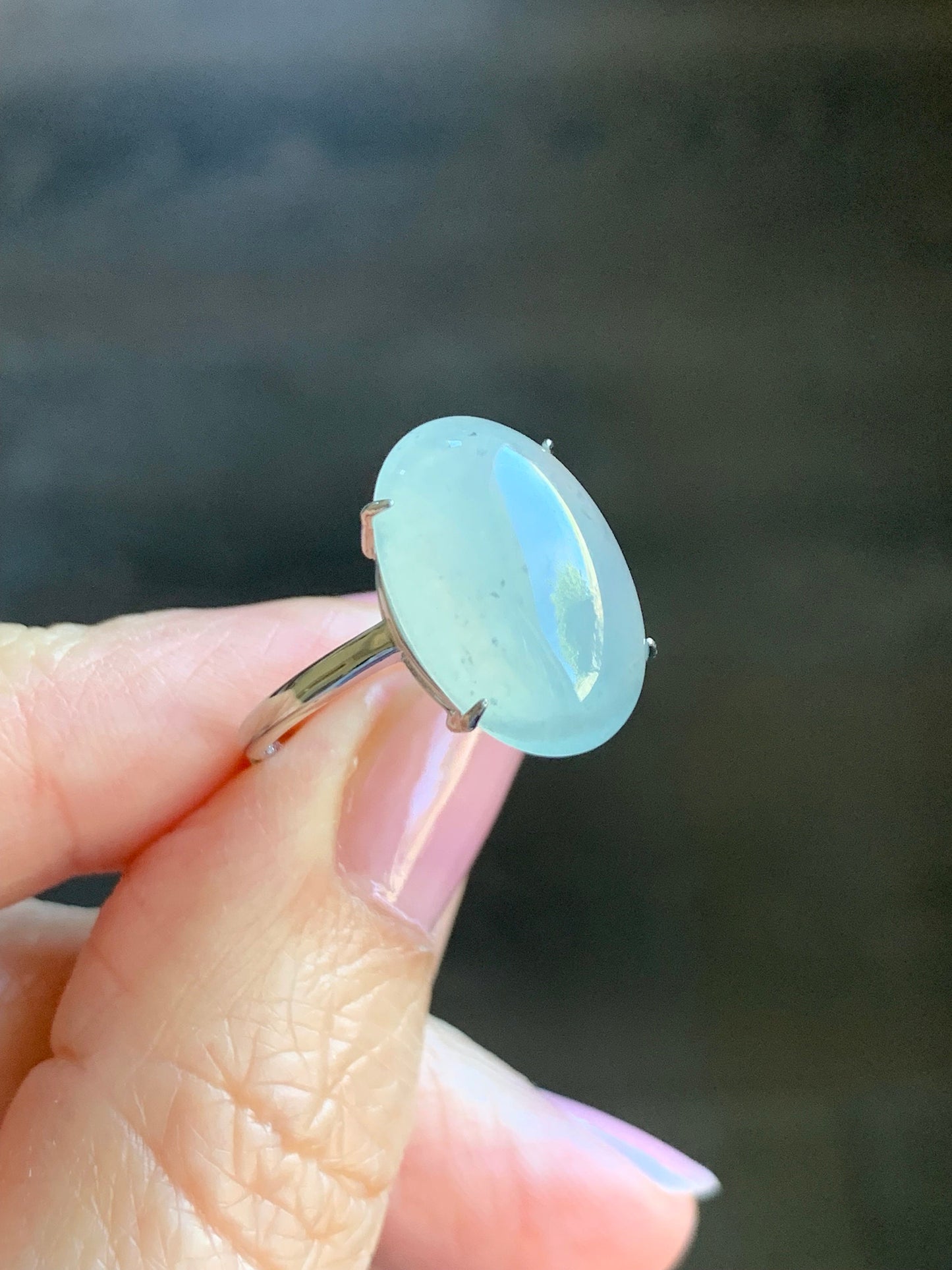 Natural Burmese Icy Translucent Gelatinous Large White Wuji Jadeite Solitaire Ring Sterling Silver Size Adjustable 天然缅甸冰胶白乌鸡翡翠蛋面银镶戒指 BWJ1228